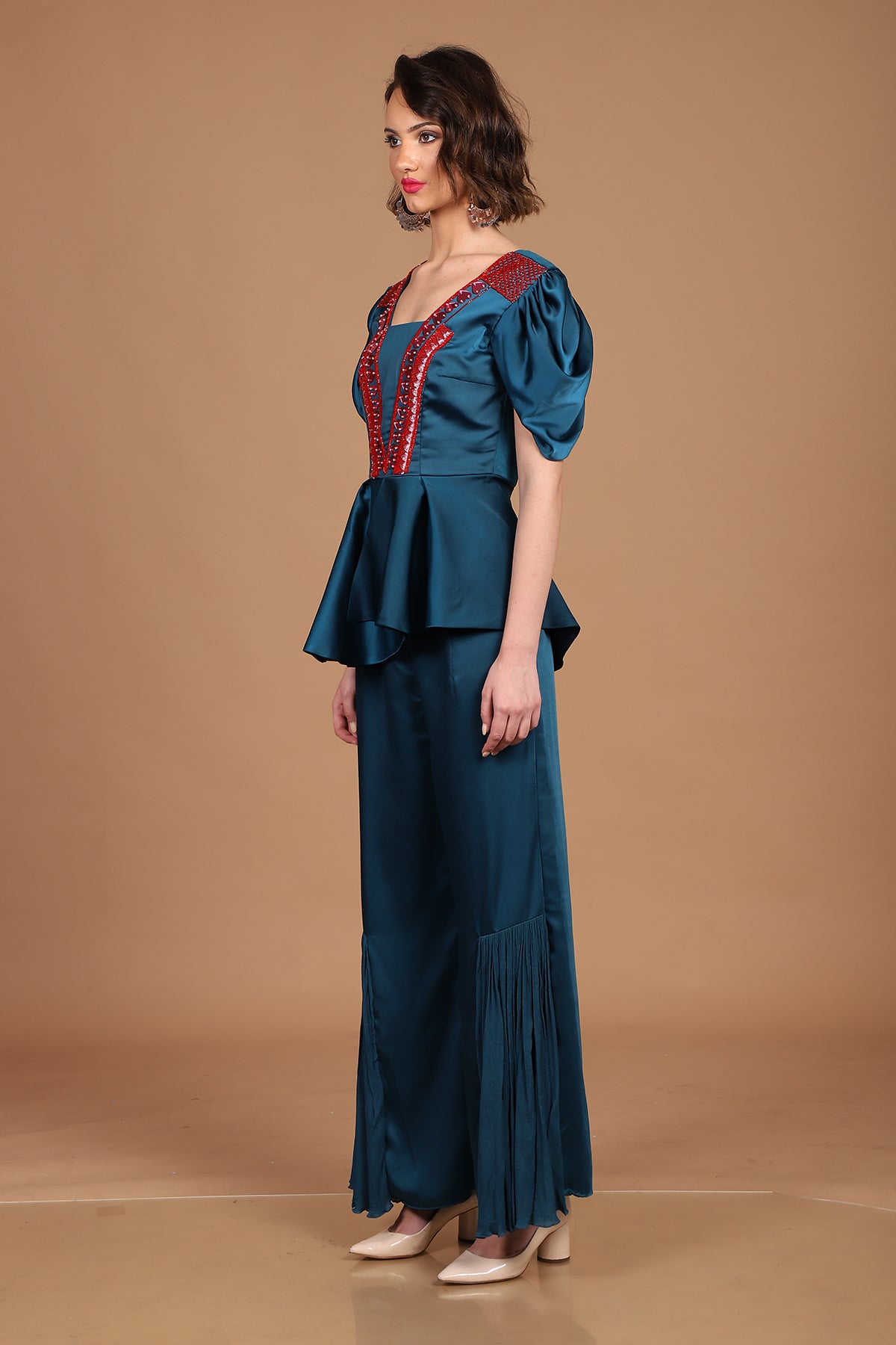 Teal Red Peplum Palazzo co-ordinate set