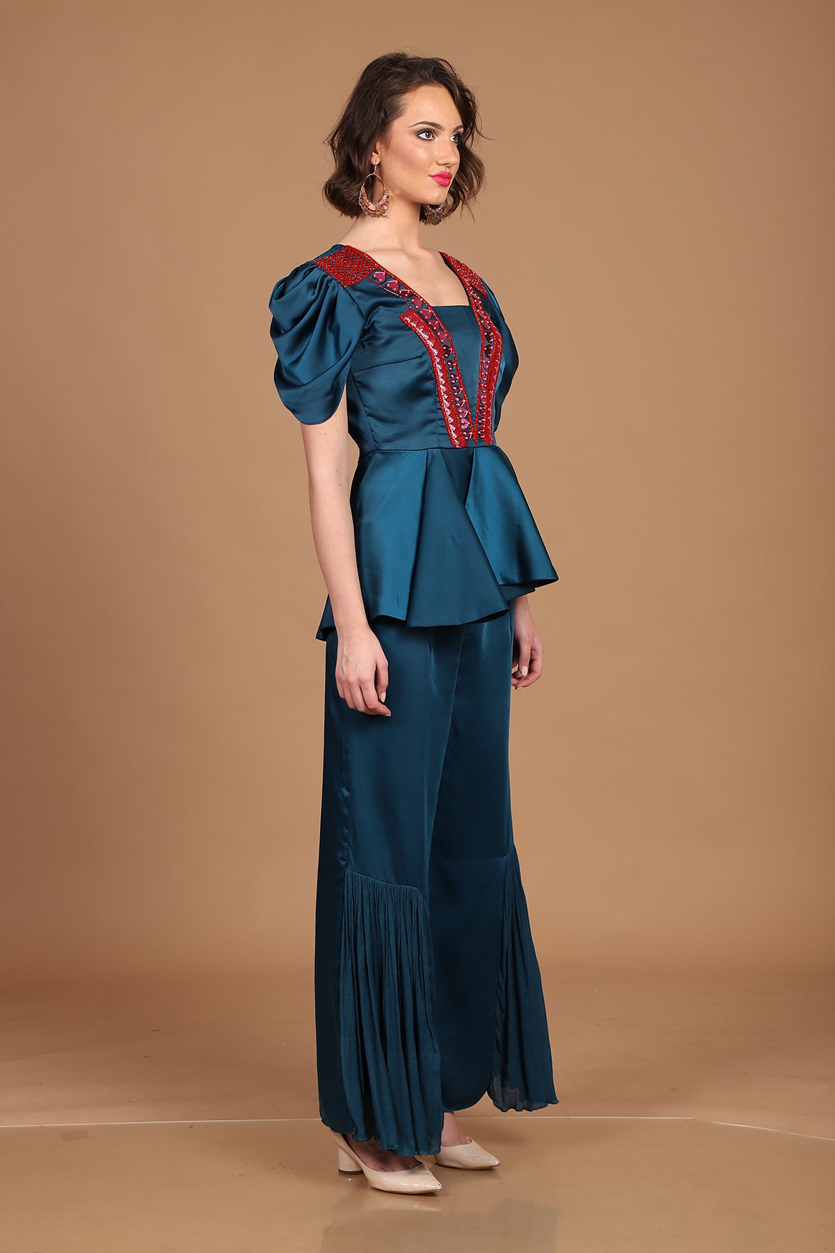 Teal Red Peplum Palazzo co-ordinate set