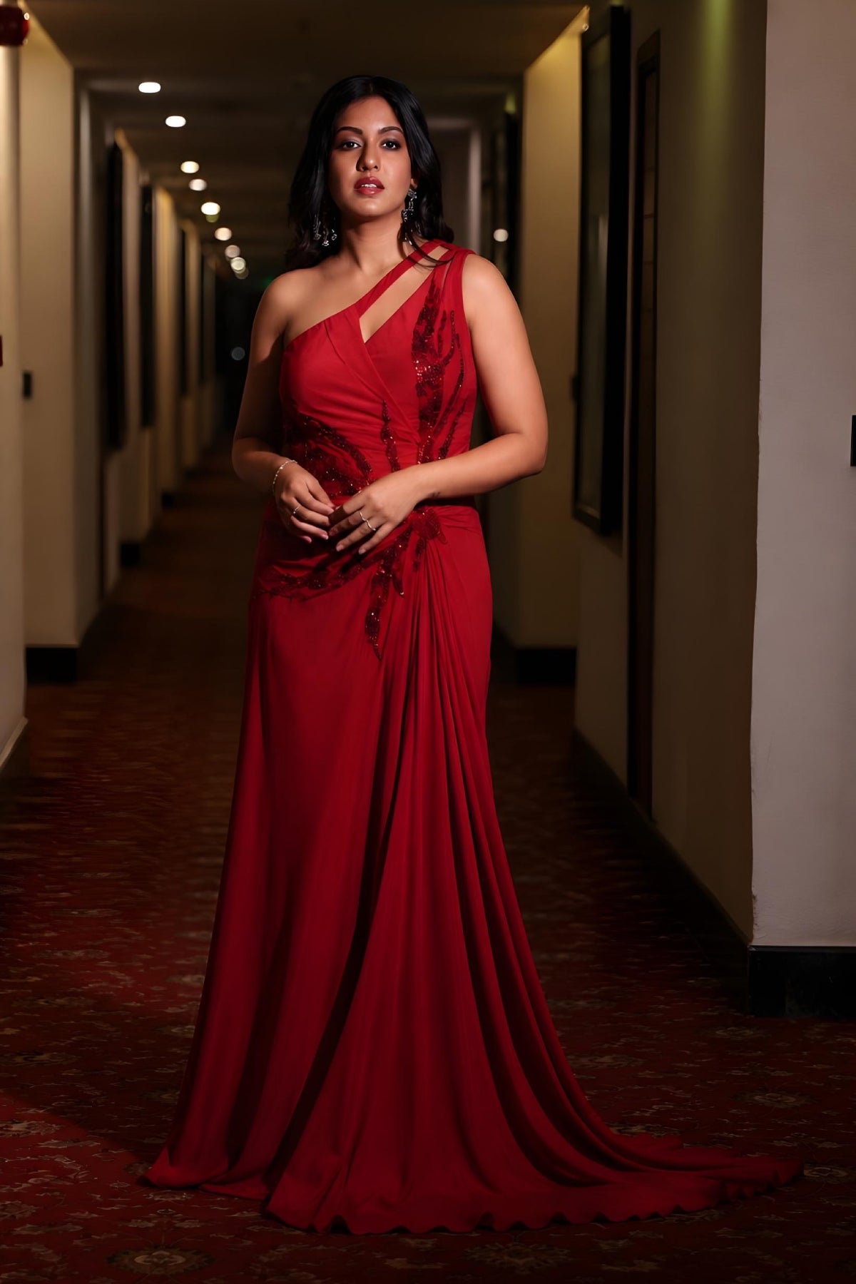 Ruby red one-shoulder draped cocktail gown abstract work. Shop Now!