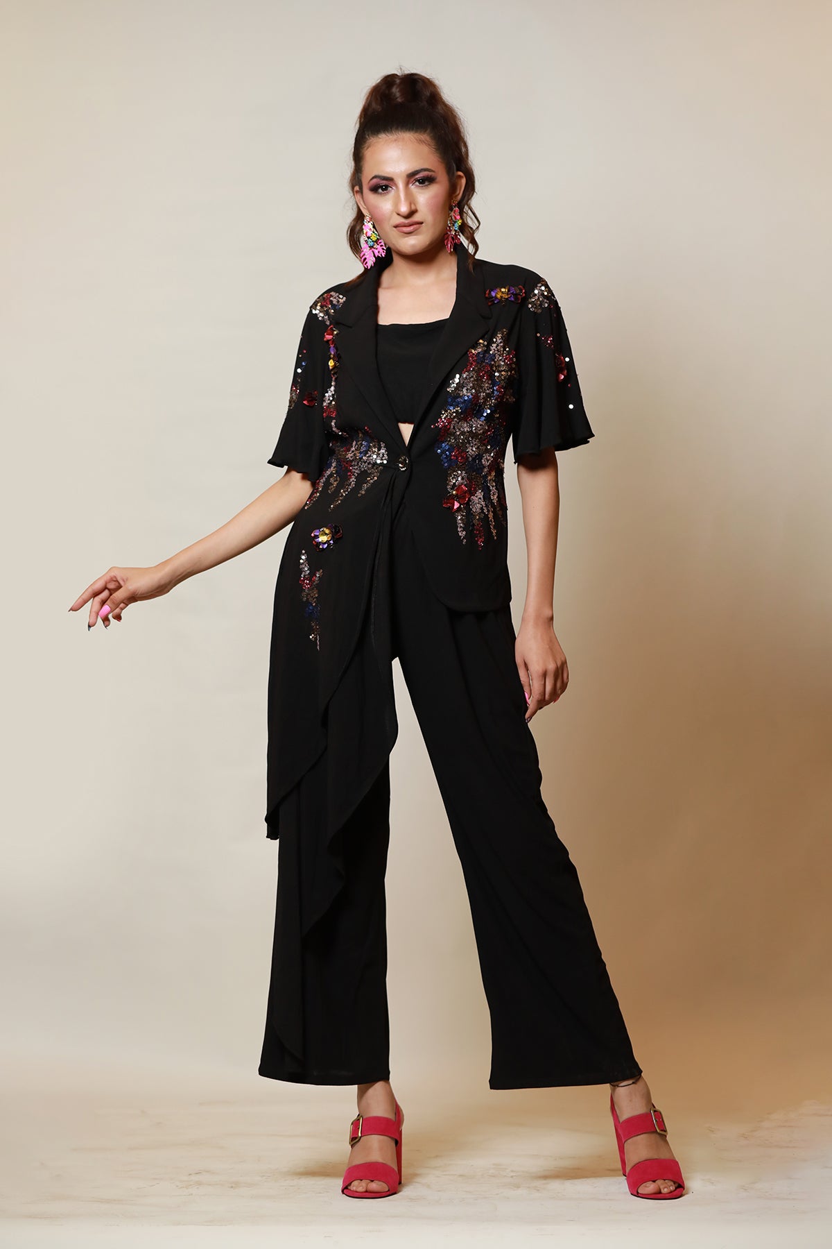 Black Asymmetric sequin jacket-Culotte set