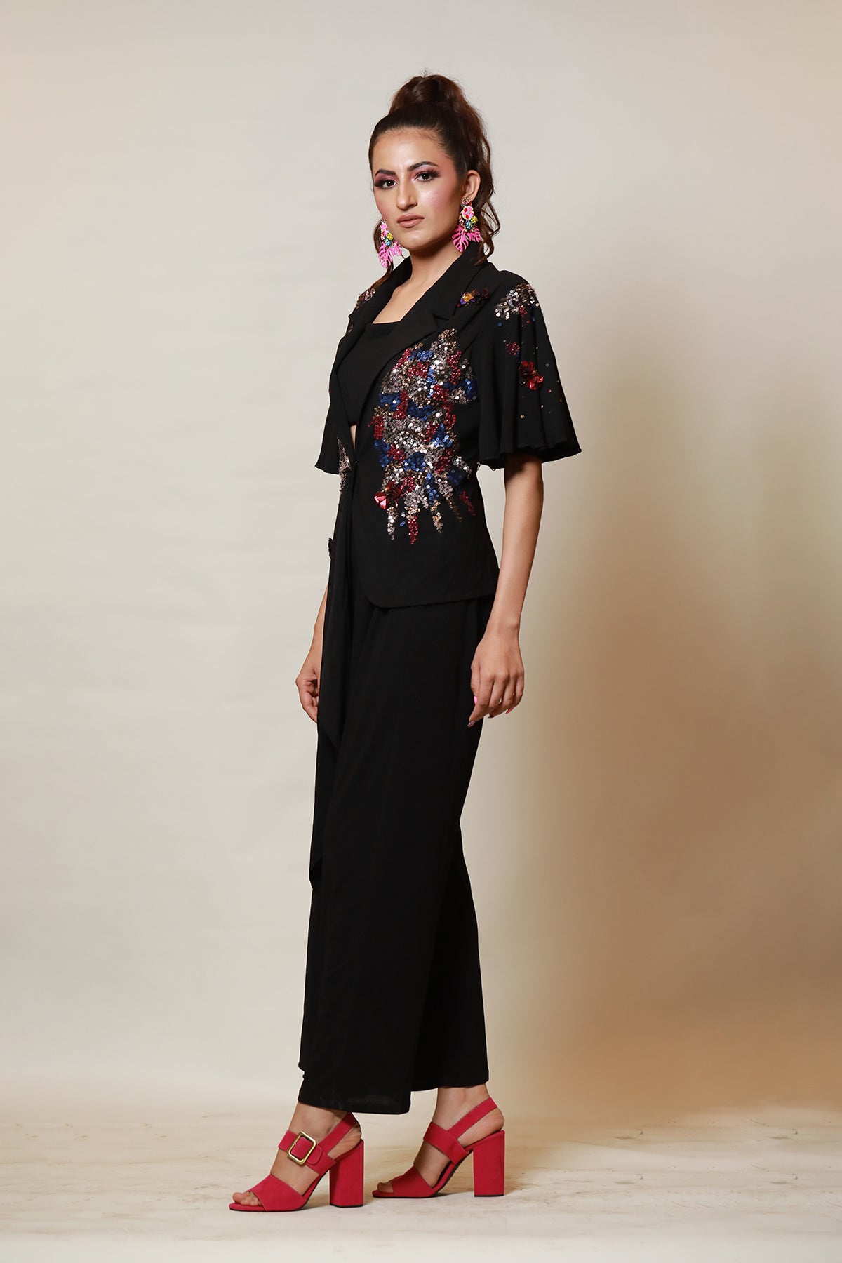 Black Asymmetric sequin jacket-Culotte set