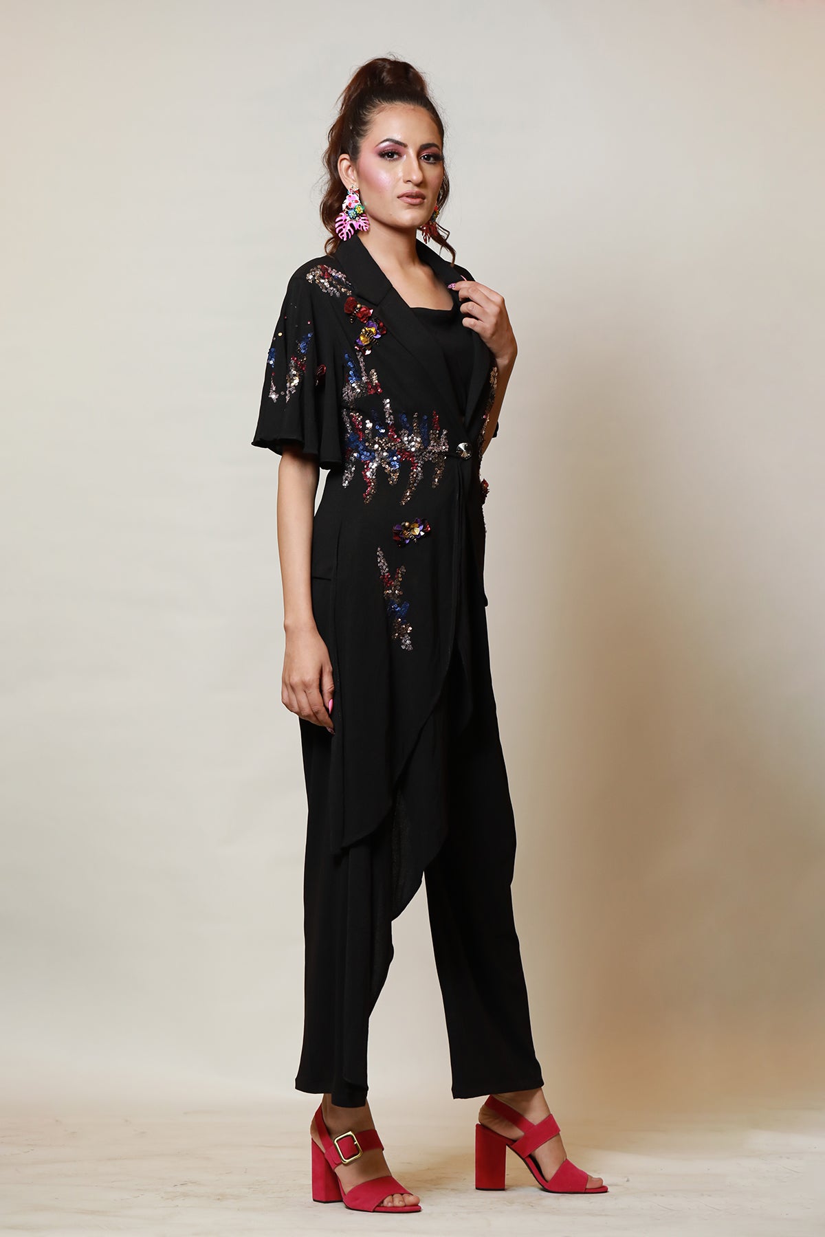 Black Asymmetric sequin jacket-Culotte set