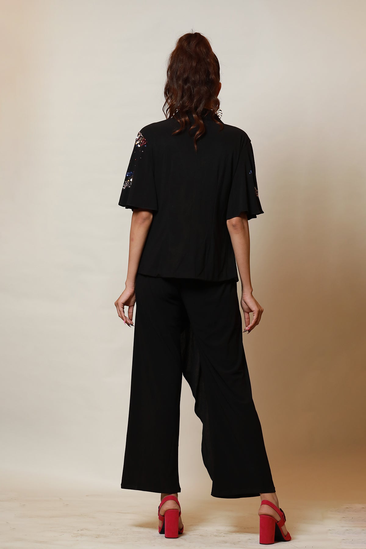 Black Asymmetric sequin jacket-Culotte set
