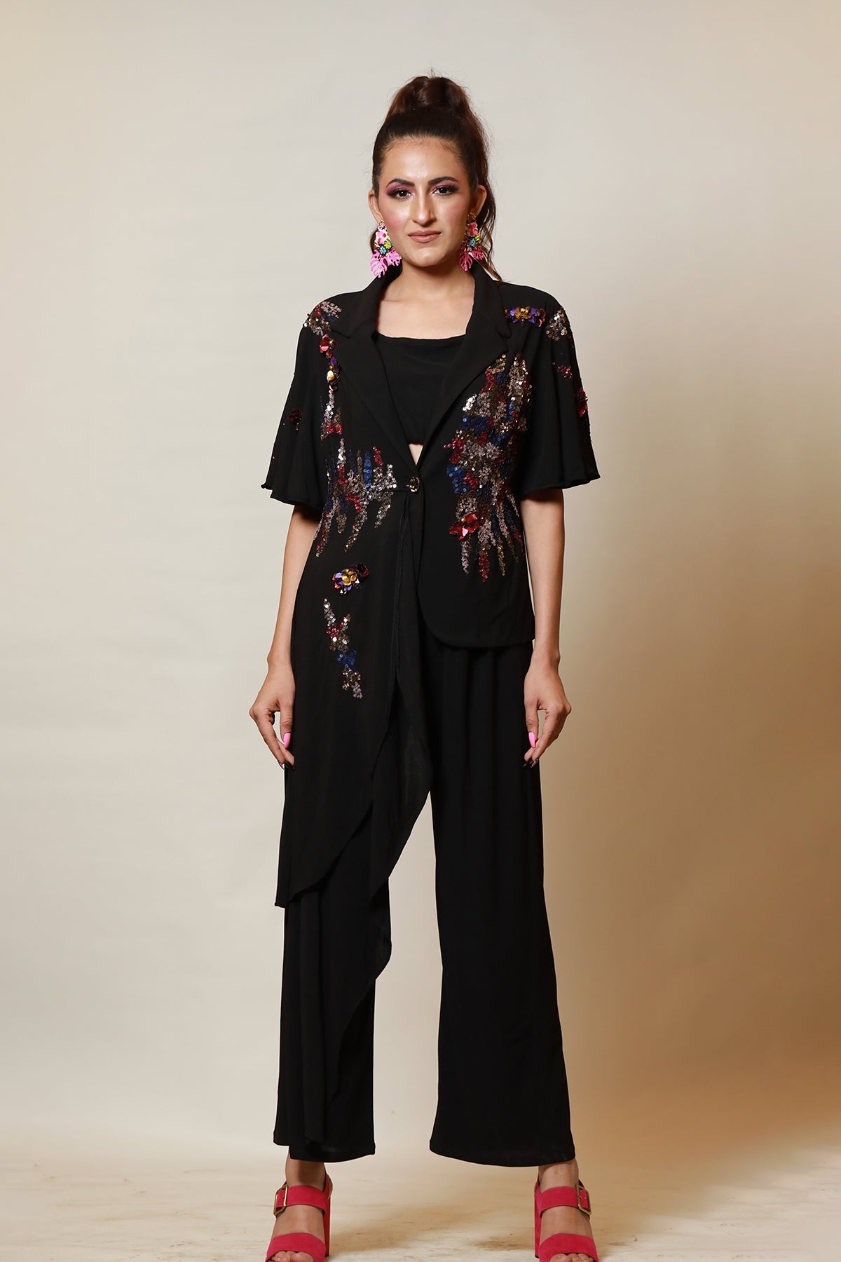 Black Asymmetric sequin jacket-Culotte set