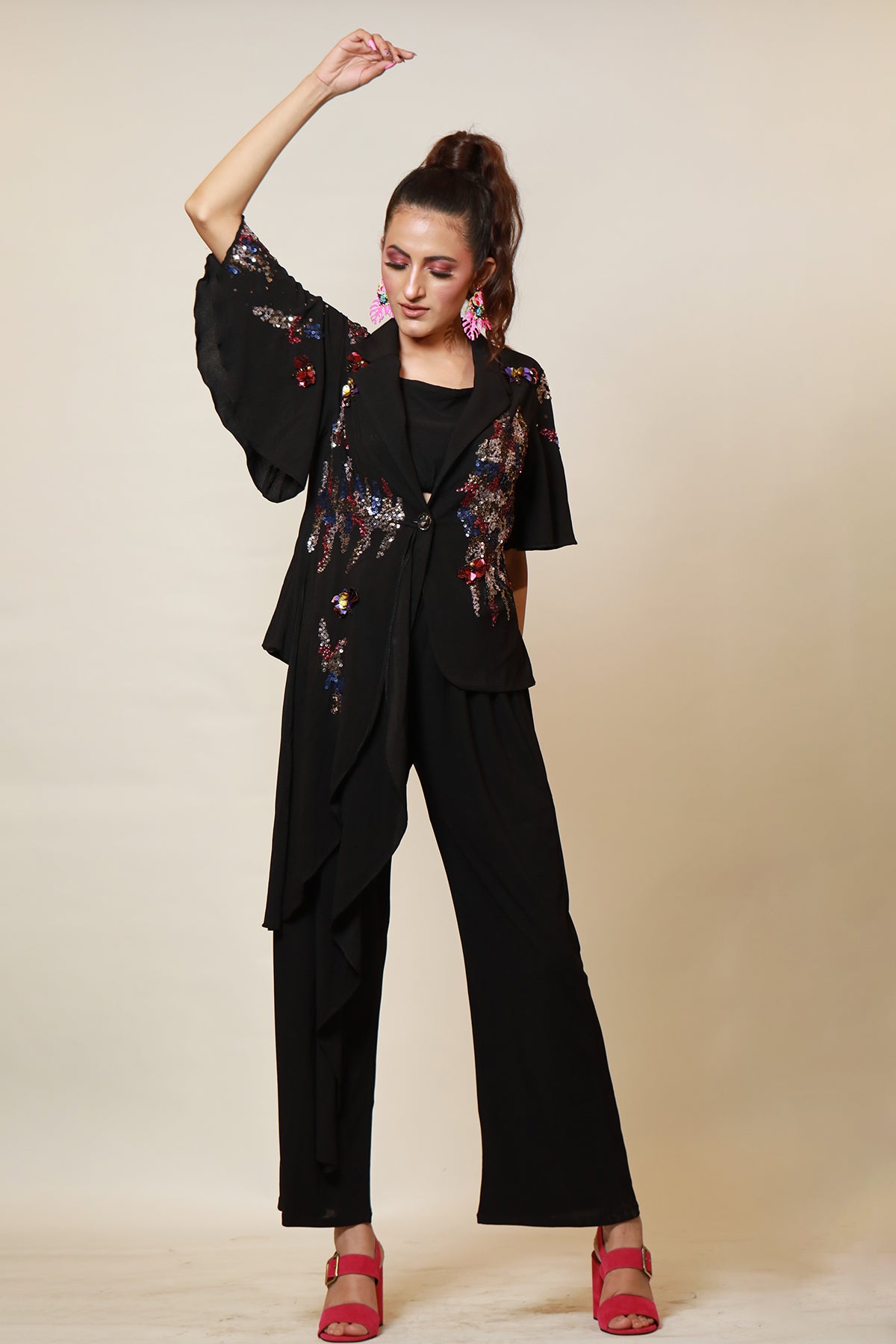 Black Asymmetric sequin jacket-Culotte set