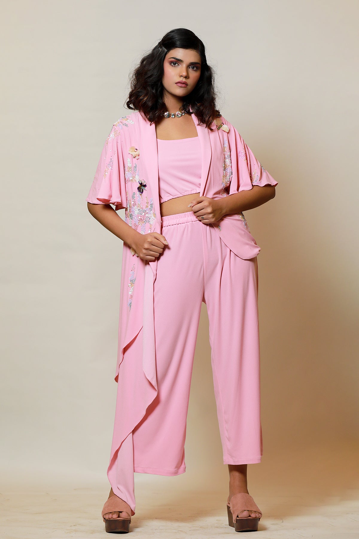 Blush Asymmetric sequin jacket-culotte set