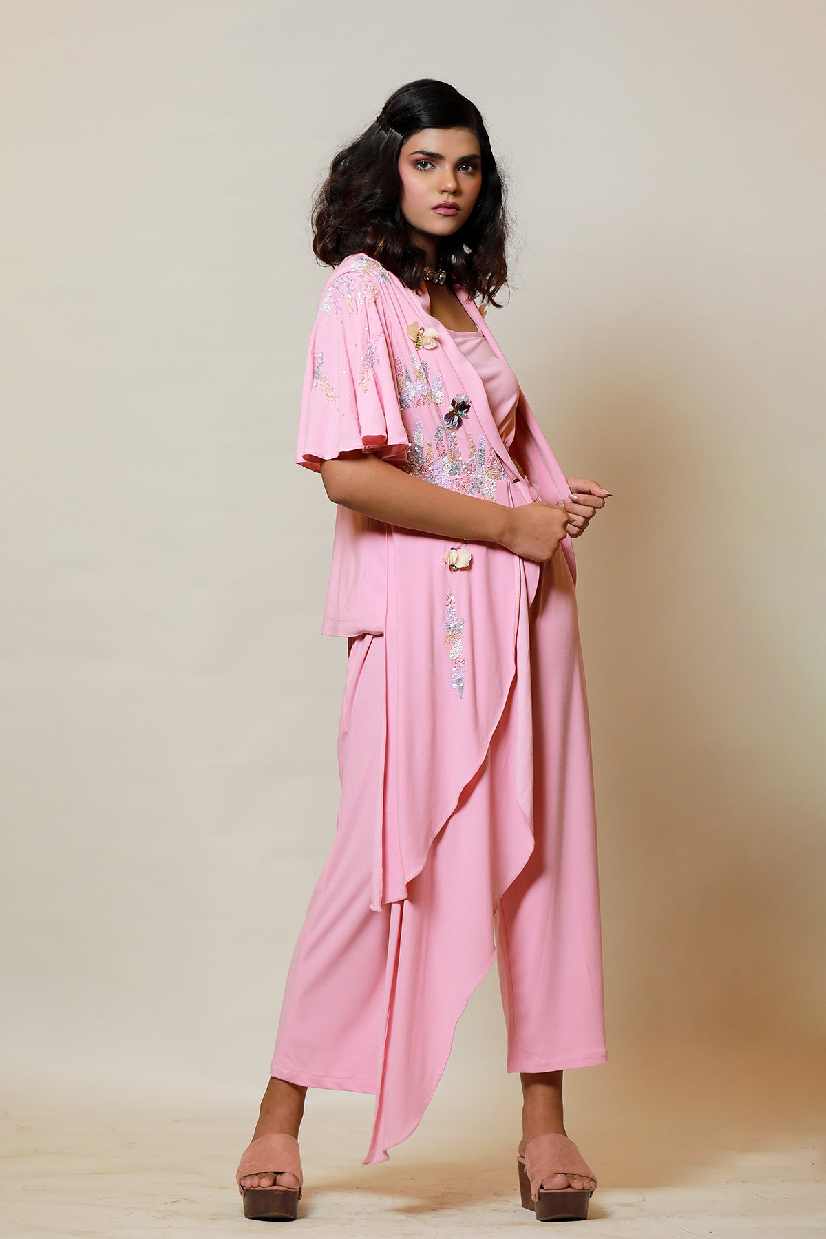 Blush Asymmetric sequin jacket-culotte set