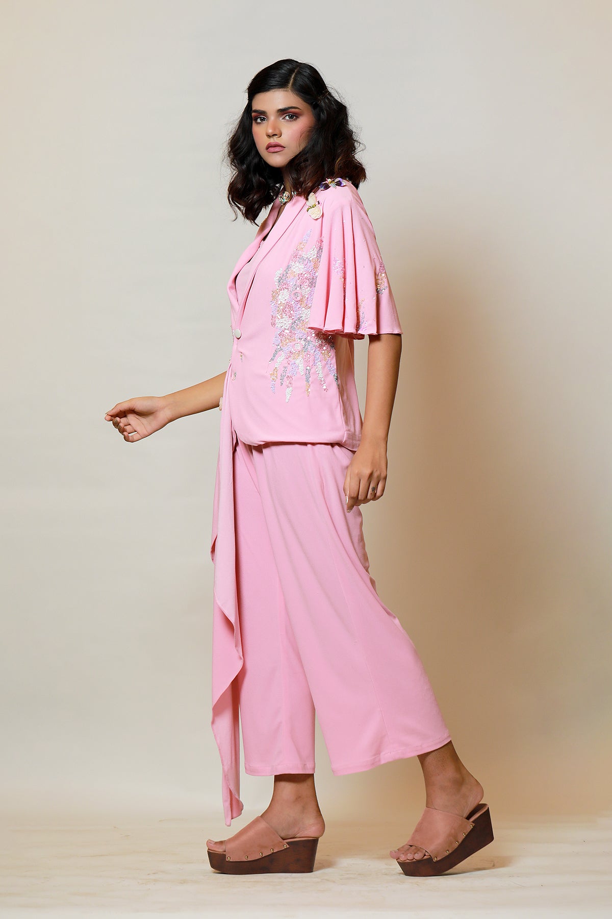 Blush Asymmetric sequin jacket-culotte set