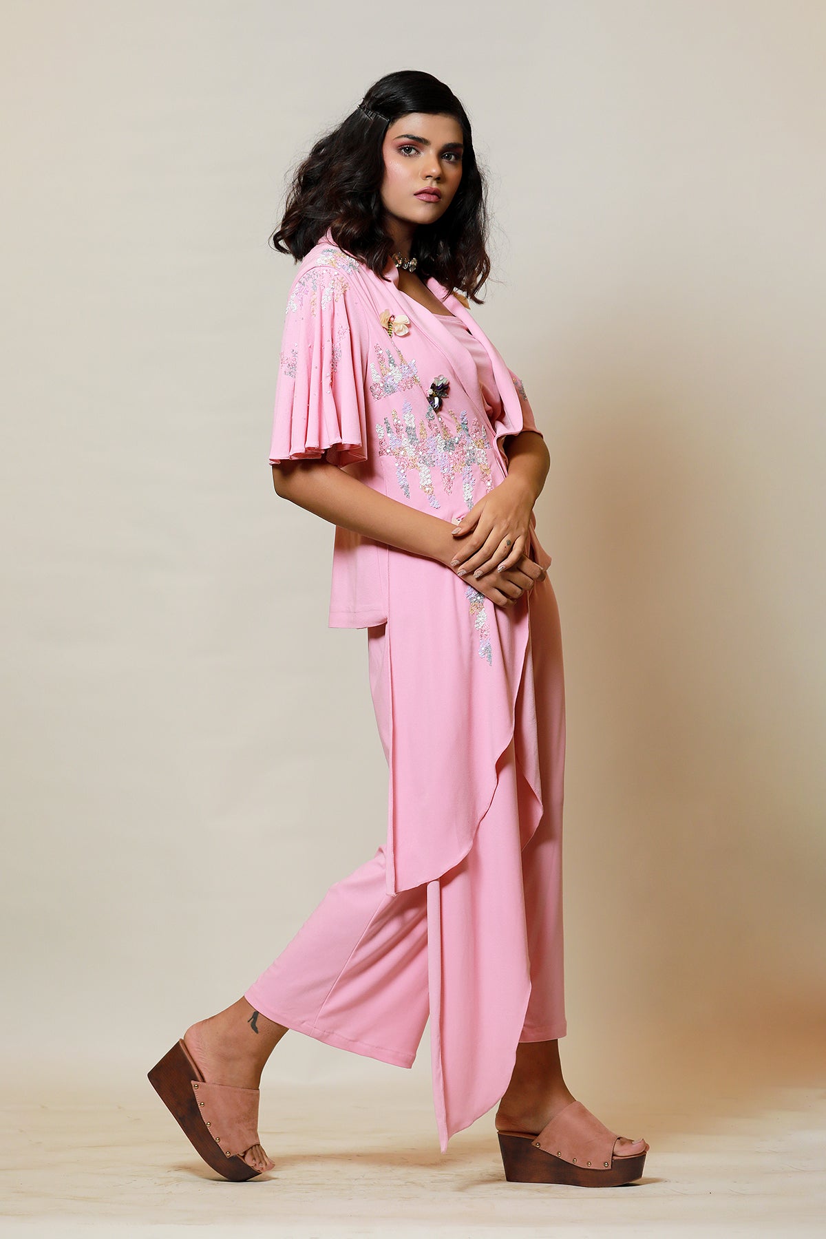 Blush Asymmetric sequin jacket-culotte set