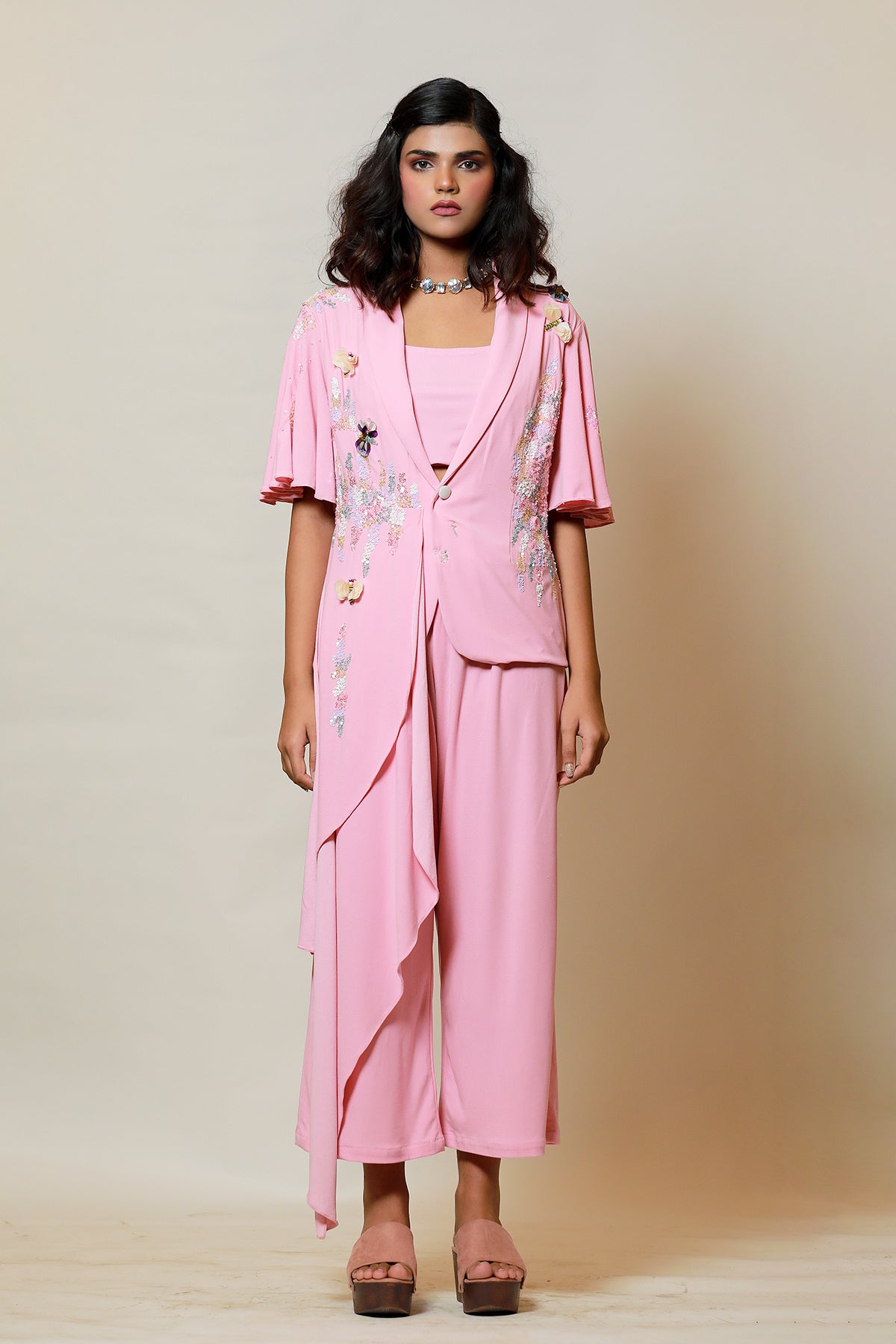 Blush Asymmetric sequin jacket-culotte set