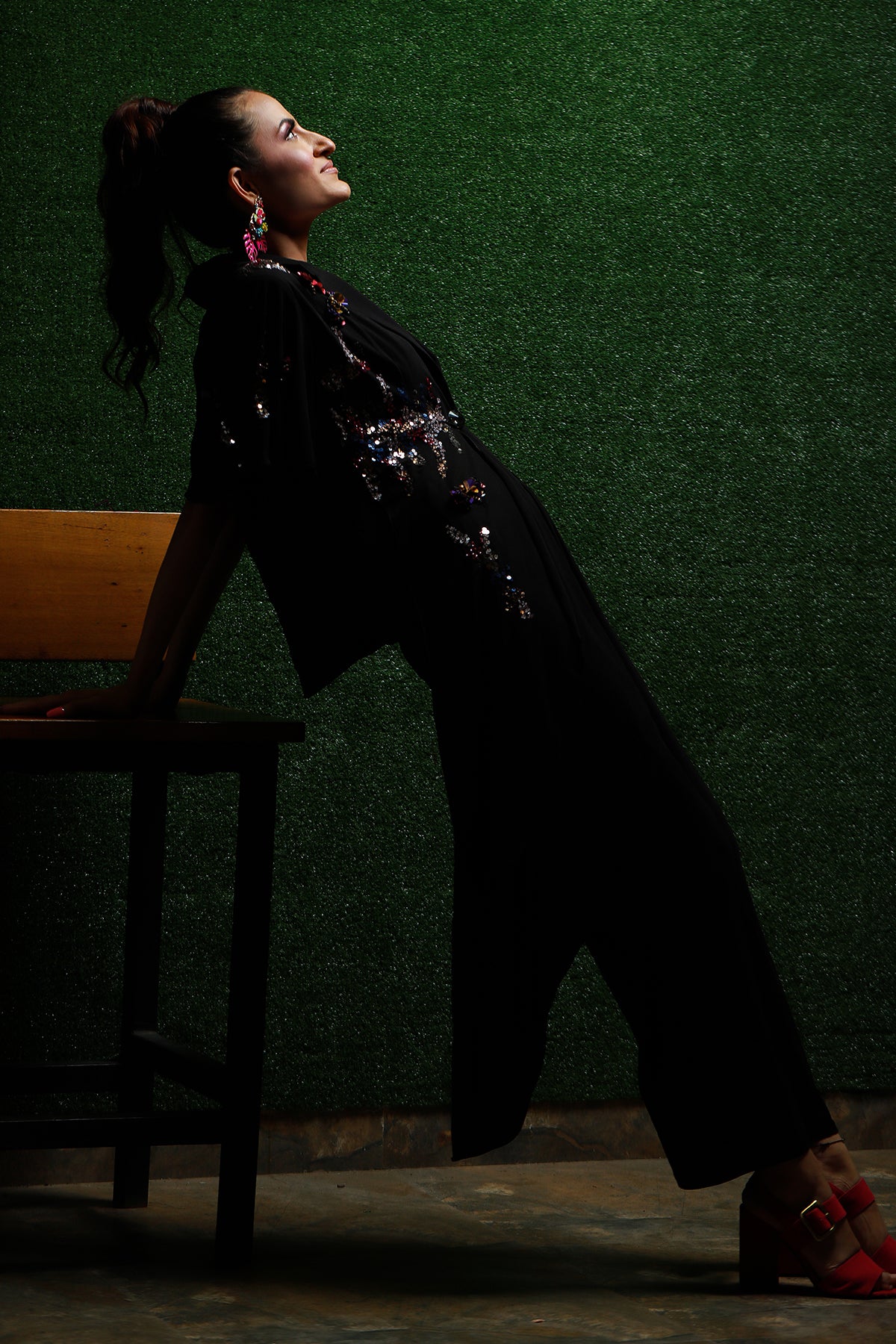 Black Asymmetric sequin jacket-Culotte set