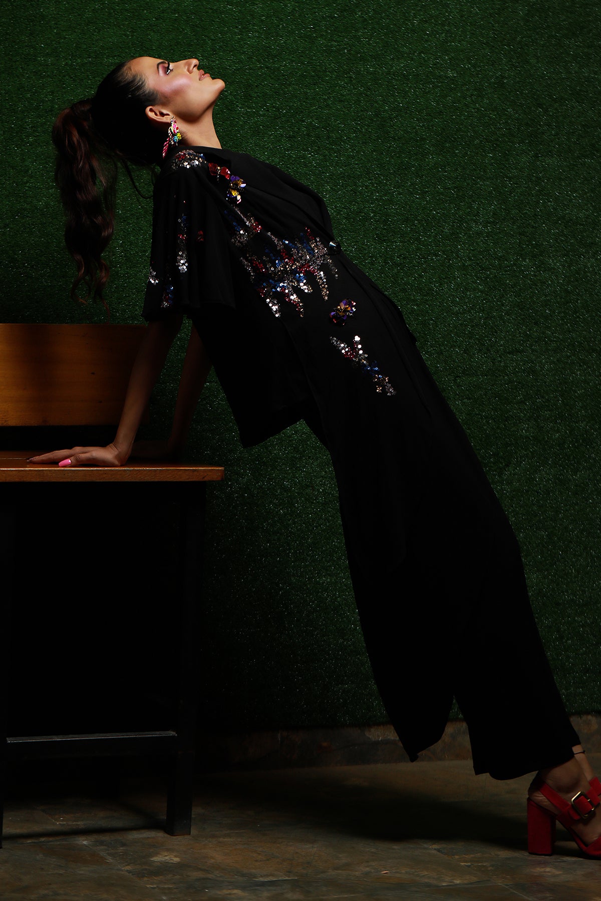 Black Asymmetric sequin jacket-Culotte set