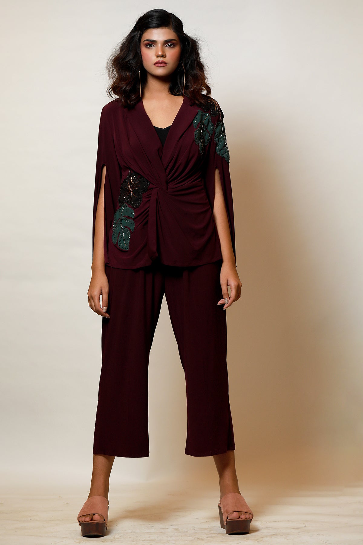 Plum Draped knot cape jacket and Culotte