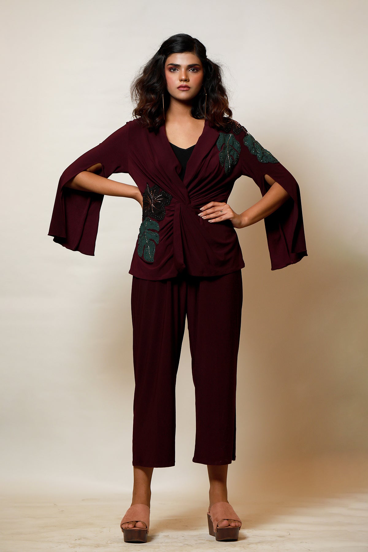 Plum Draped knot cape jacket and Culotte