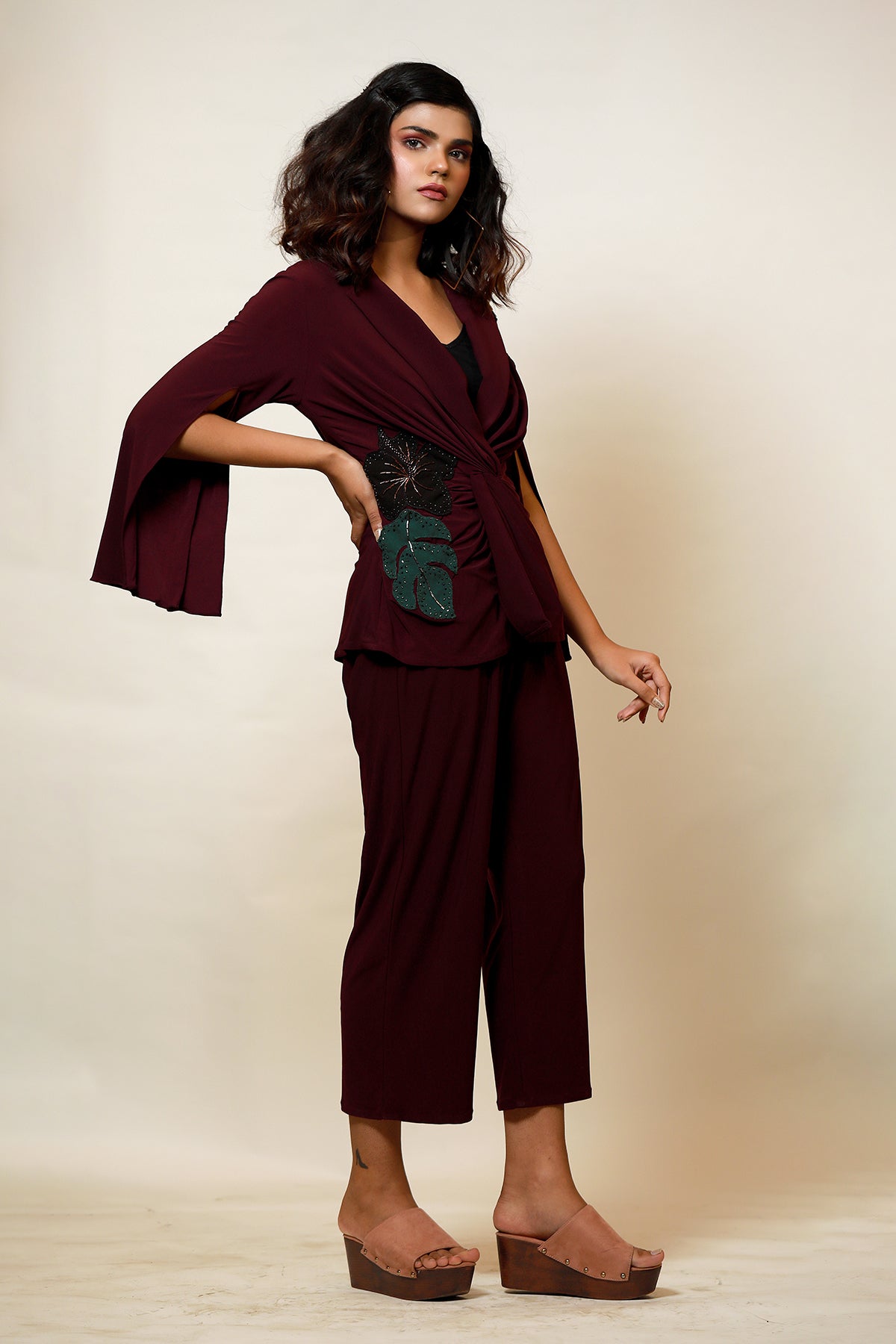 Plum Draped knot cape jacket and Culotte