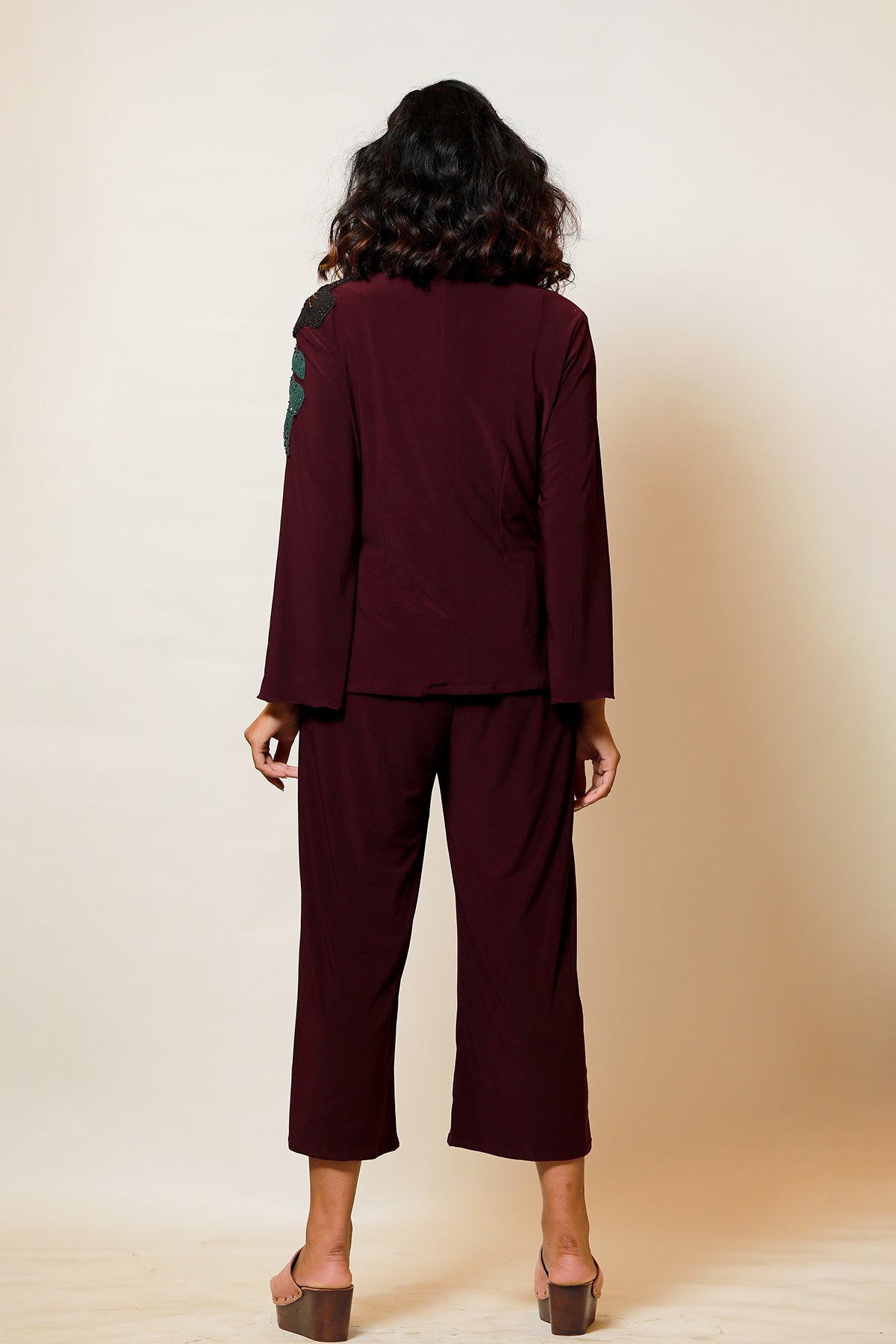 Plum Draped knot cape jacket and Culotte