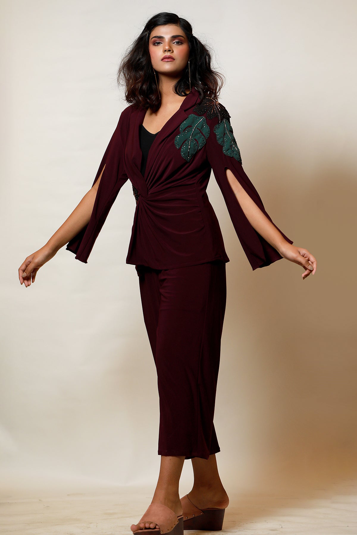 Plum Draped knot cape jacket and Culotte