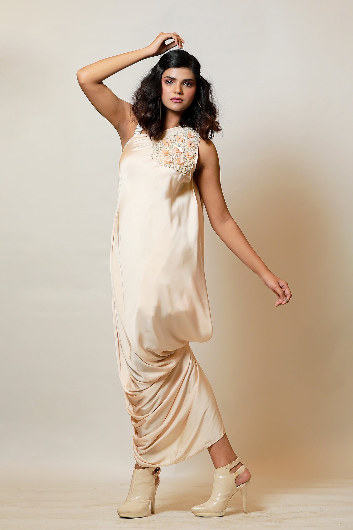 Champagne Pink one shoulder Grecian Drape