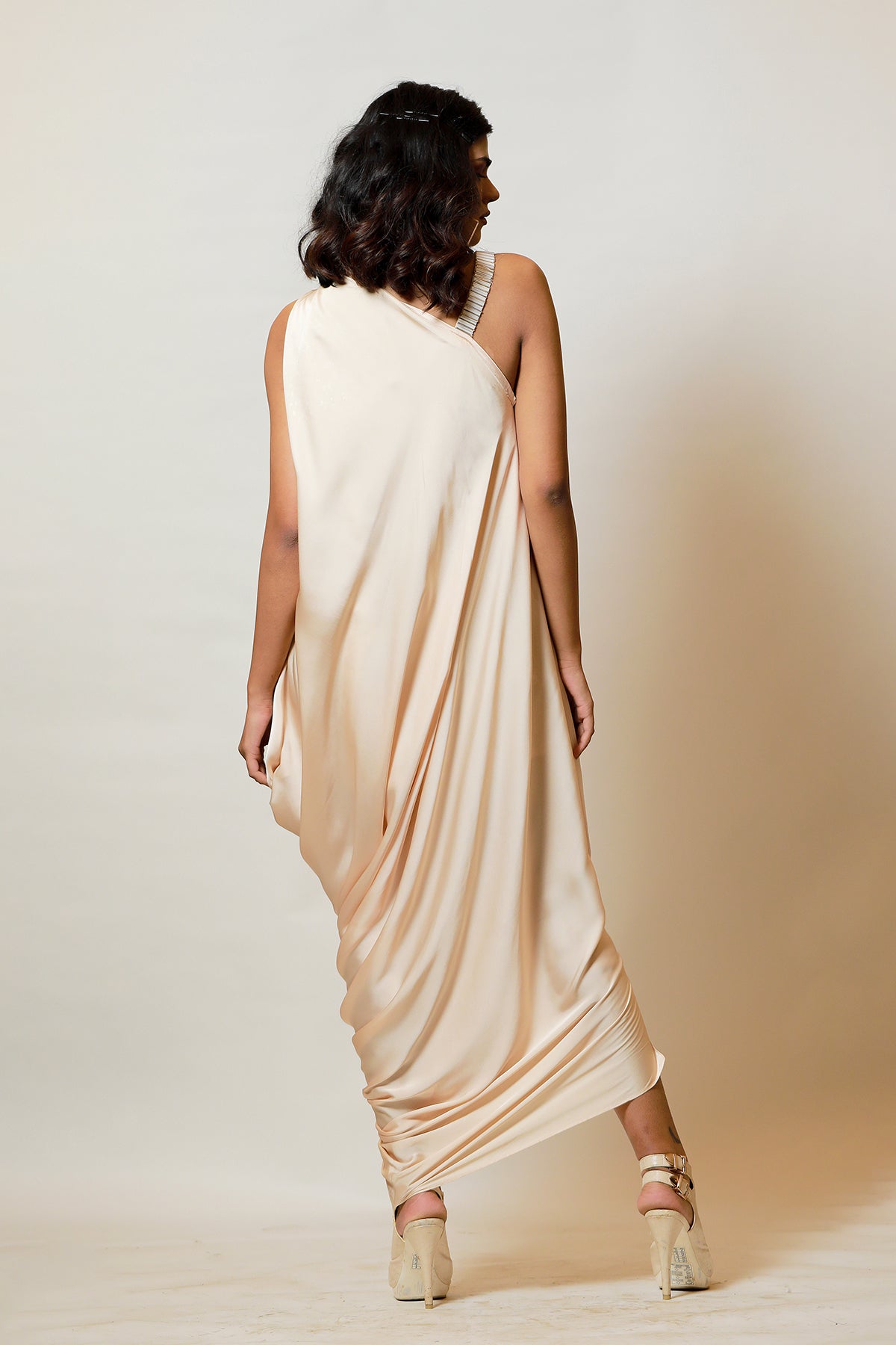 Champagne Pink one shoulder Grecian Drape