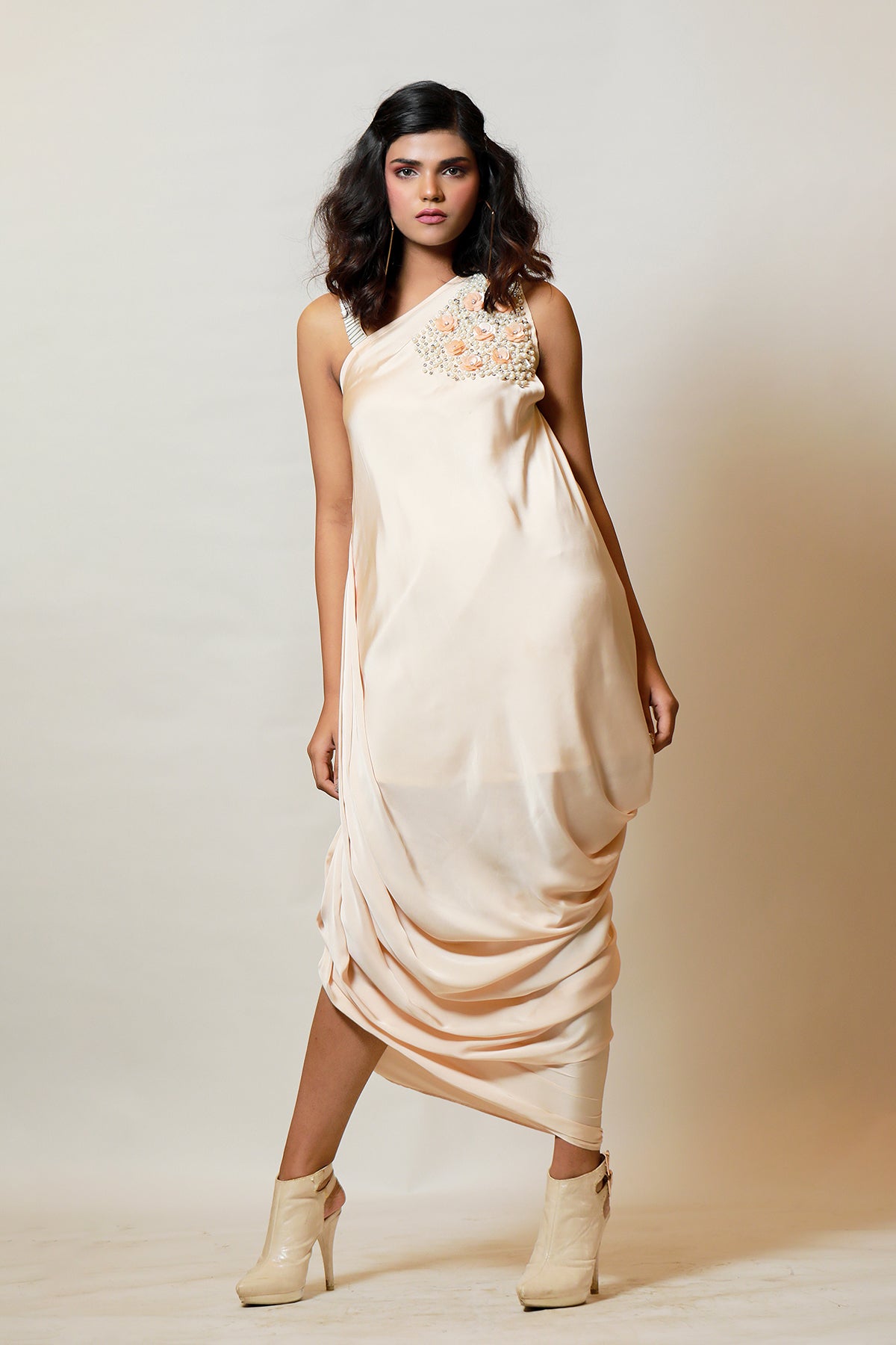 Champagne Pink one shoulder Grecian Drape