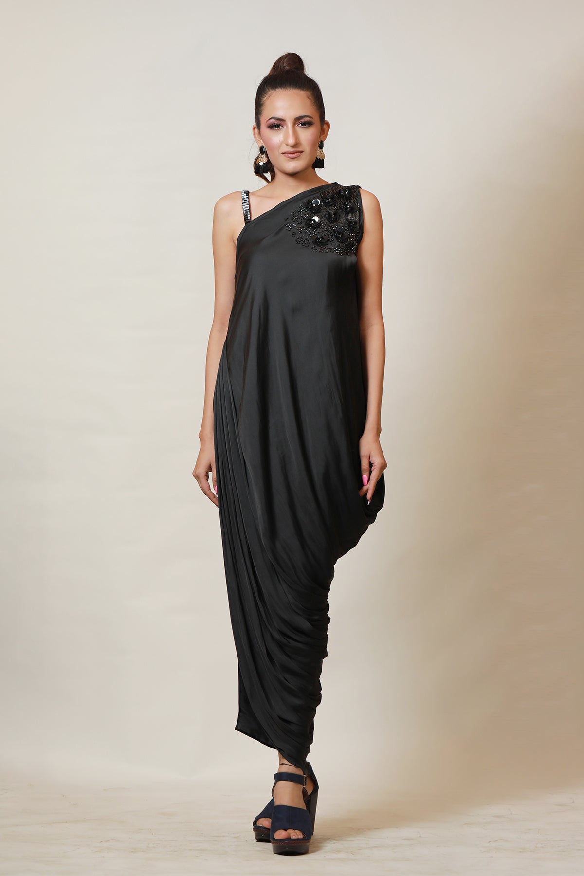 Black one shoulder Grecian Drape