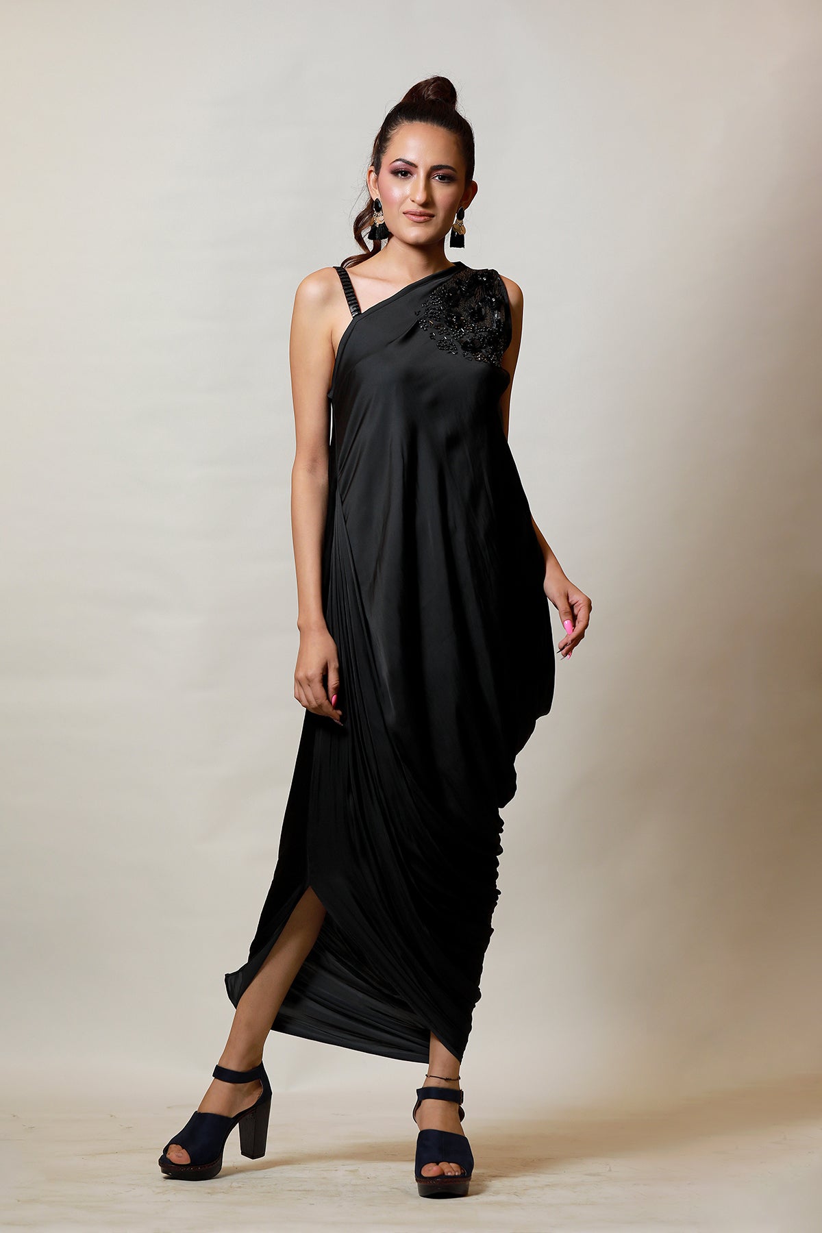 Black one shoulder Grecian Drape