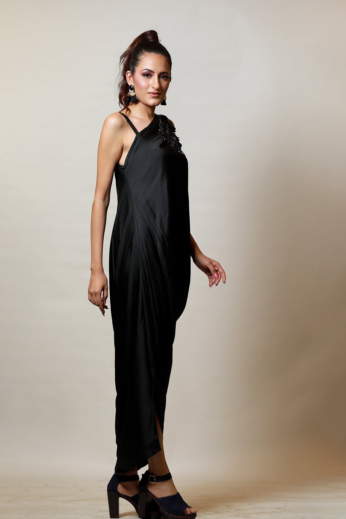 Black one shoulder Grecian Drape