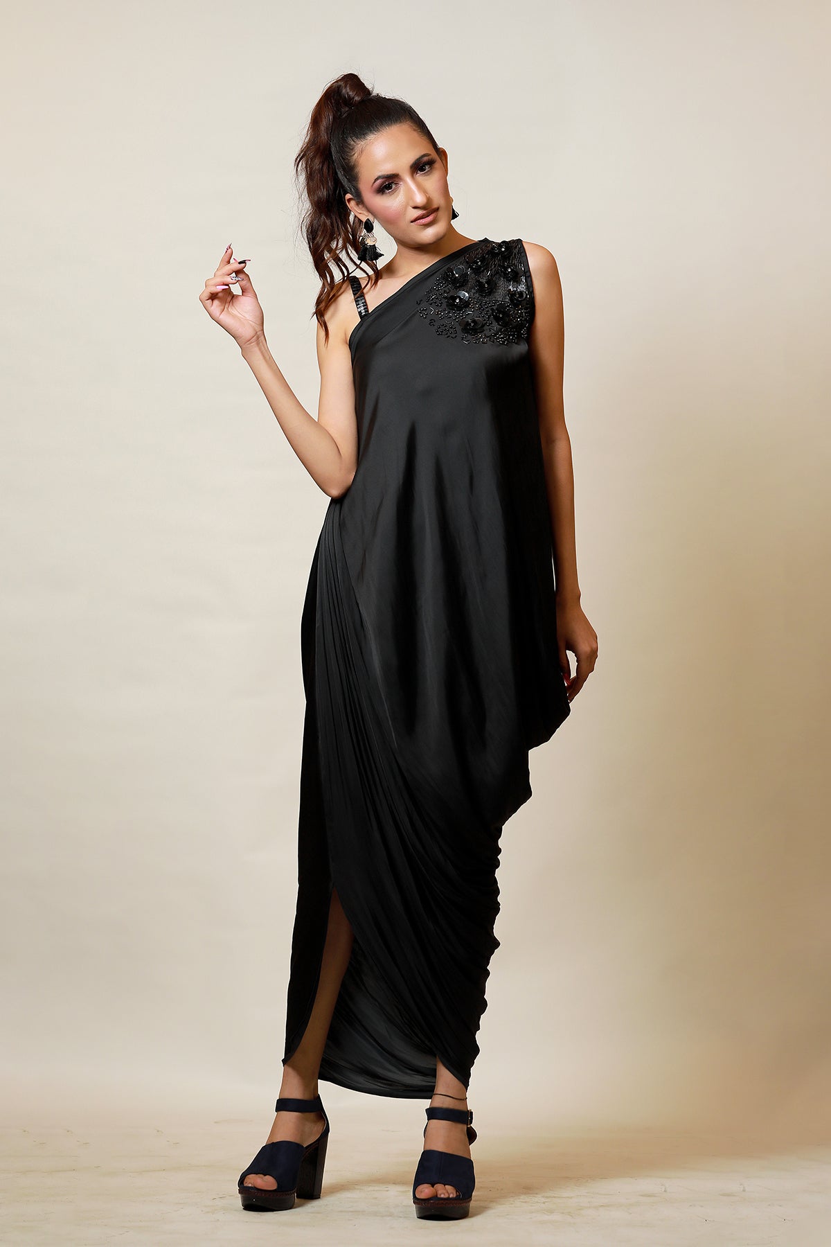 Black one shoulder Grecian Drape