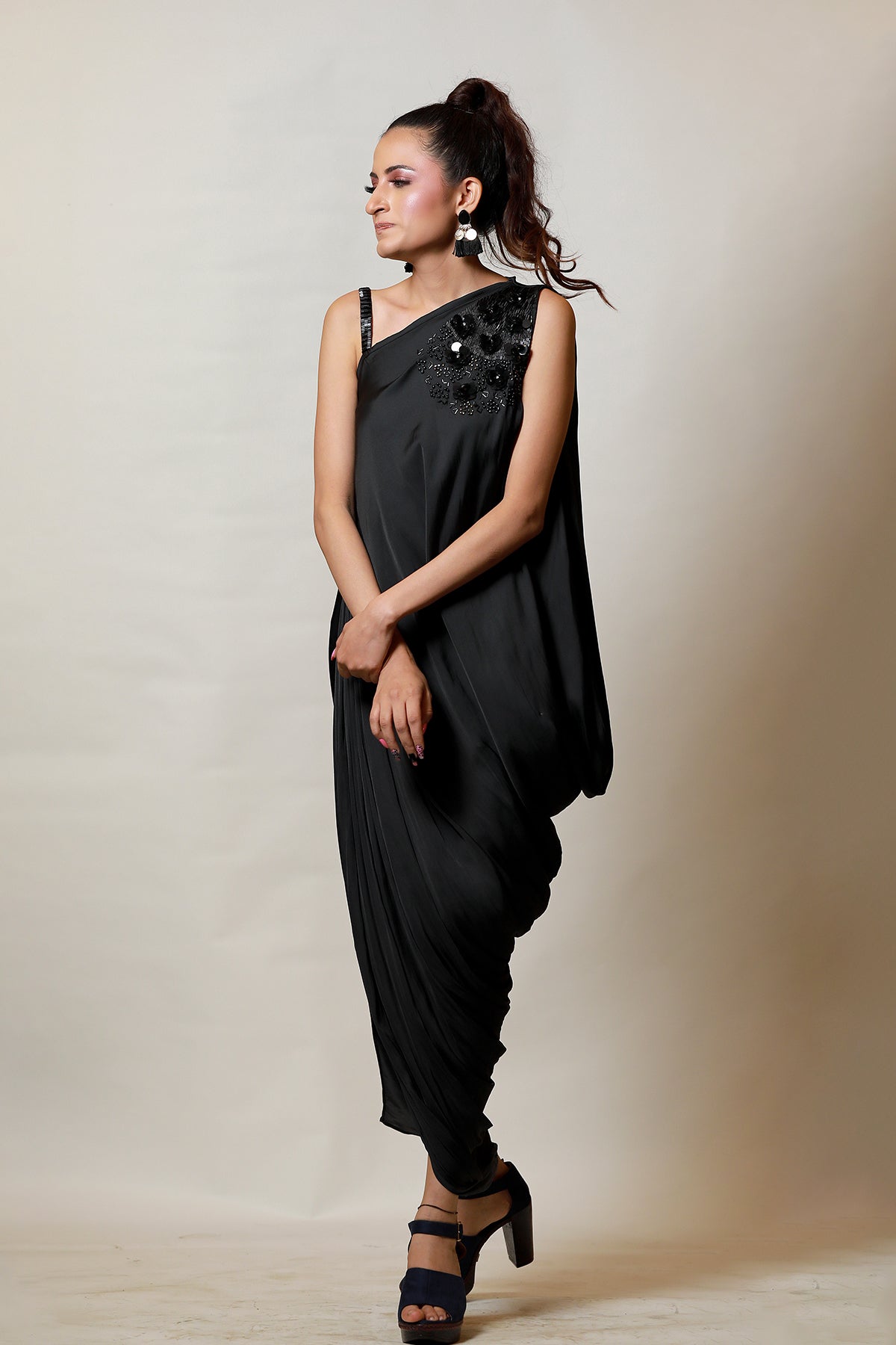 Black one shoulder Grecian Drape