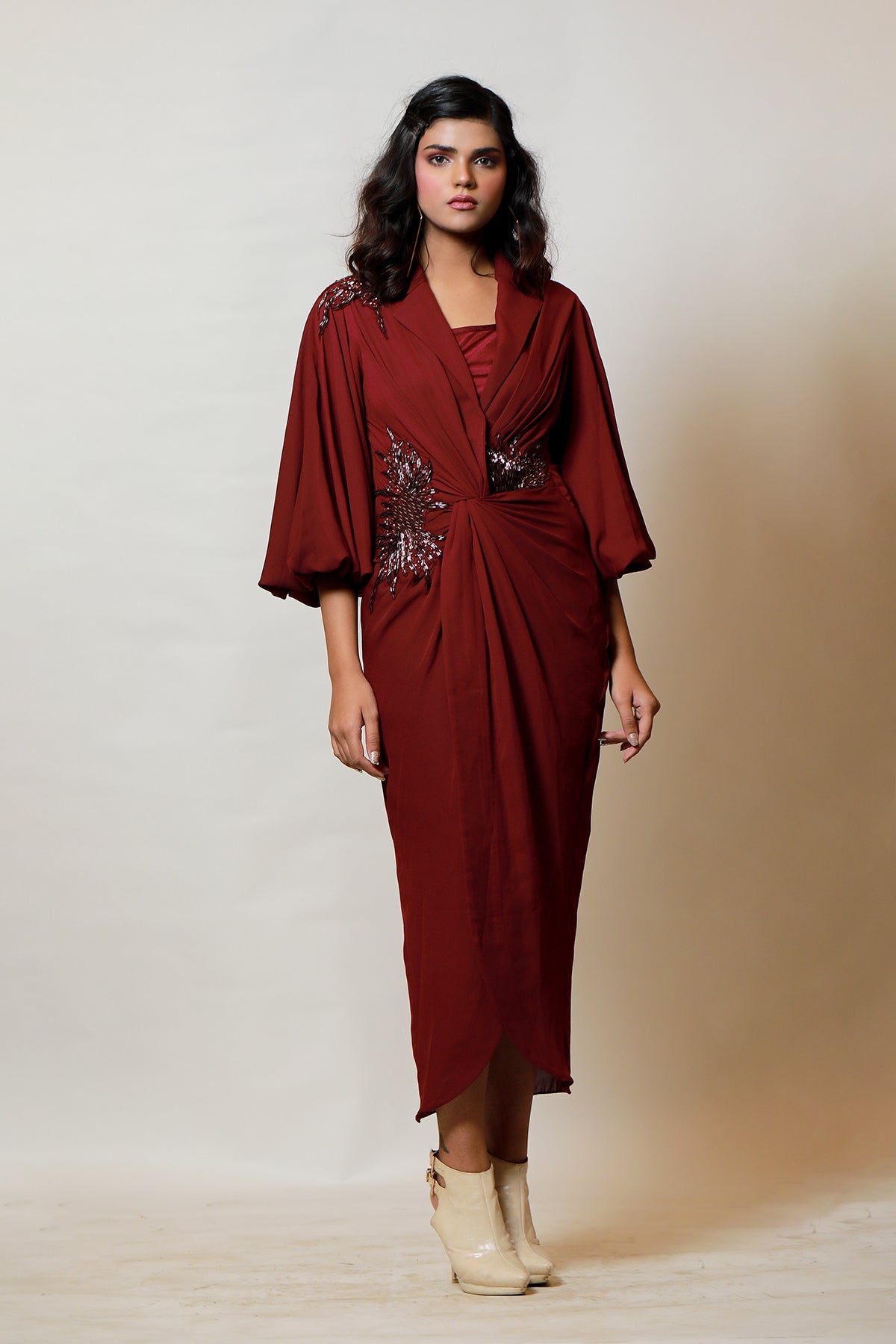 Wine lantern sleeves knot dress