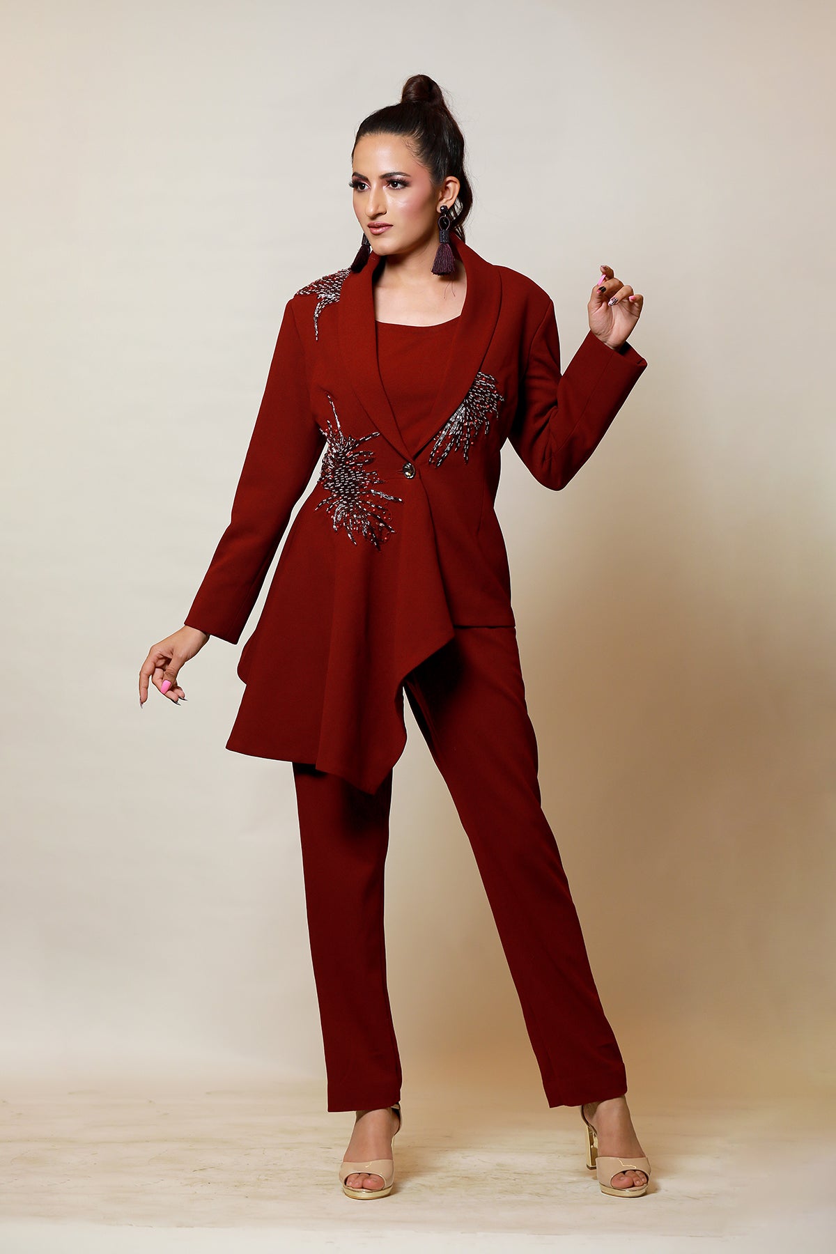 Wine Peplum Blazer Co-ord set with pipework