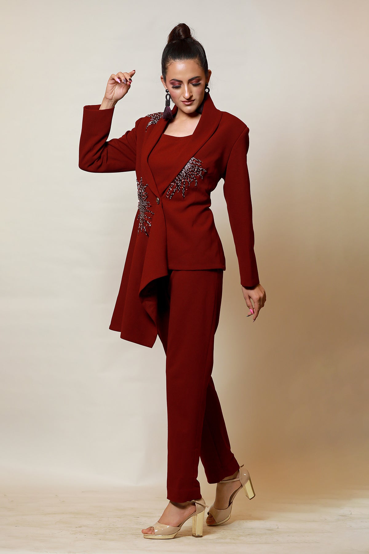 Wine Peplum Blazer Co-ord set with pipework