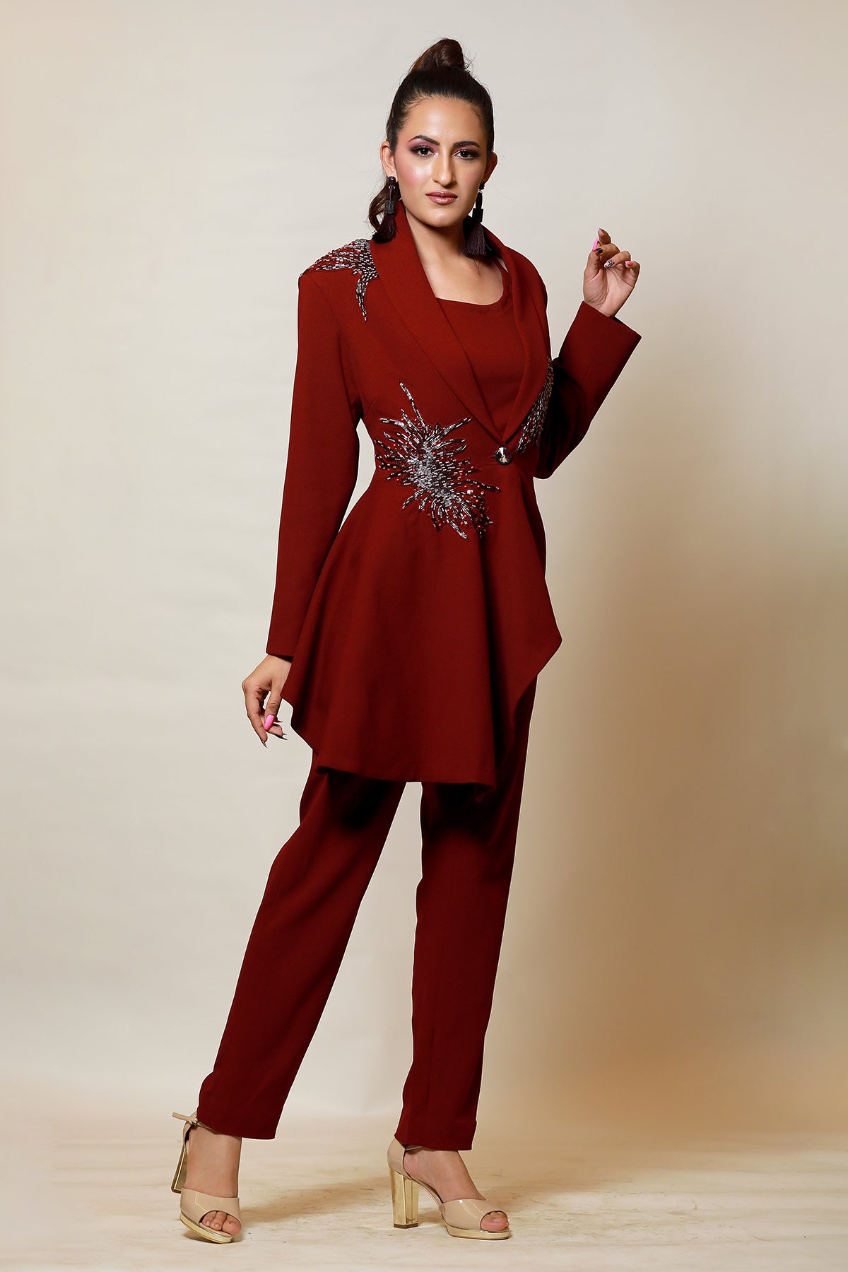 Wine Peplum Blazer Co-ord set with pipework