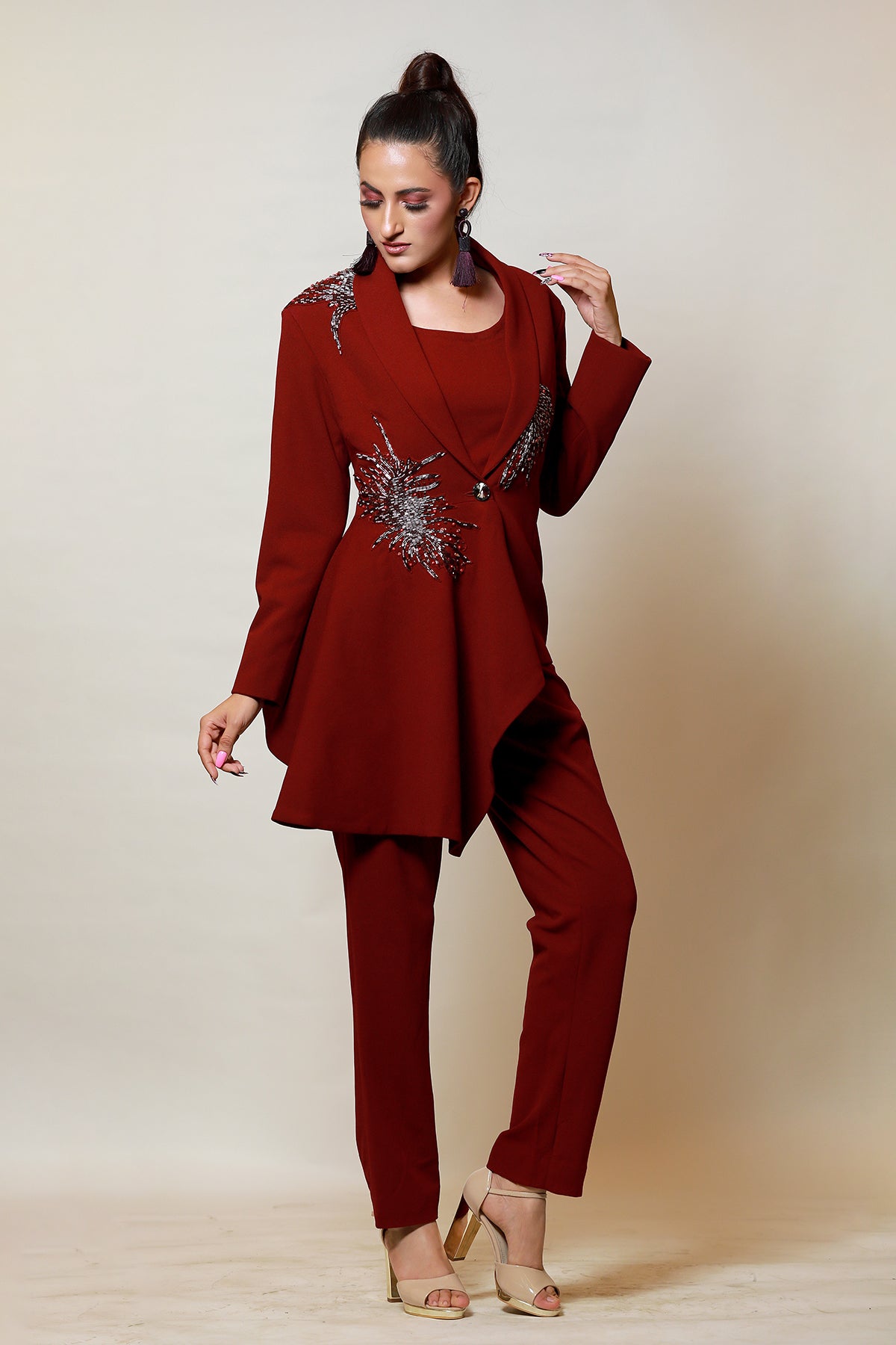 Wine Peplum Blazer Co-ord set with pipework