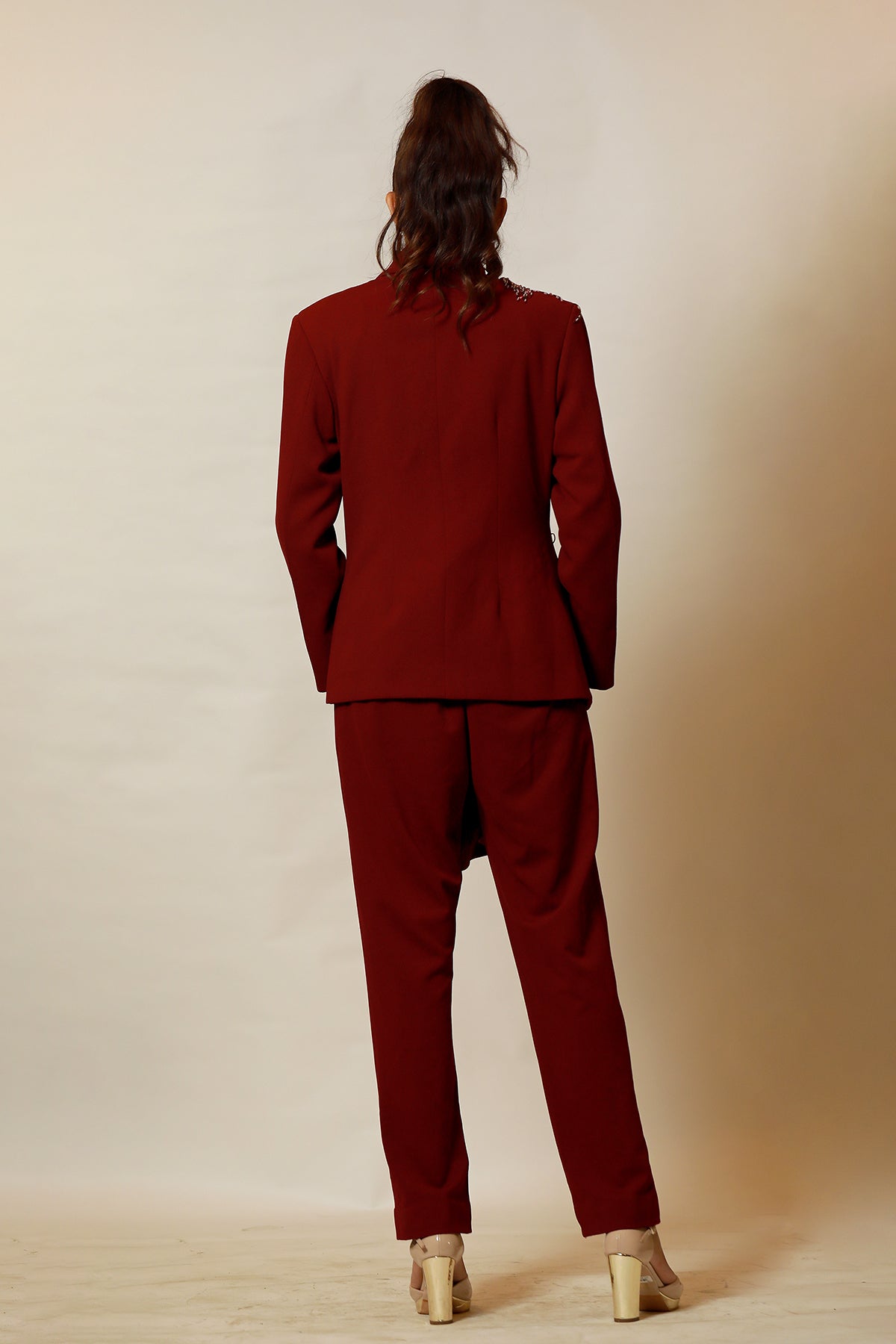 Wine Peplum Blazer Co-ord set with pipework