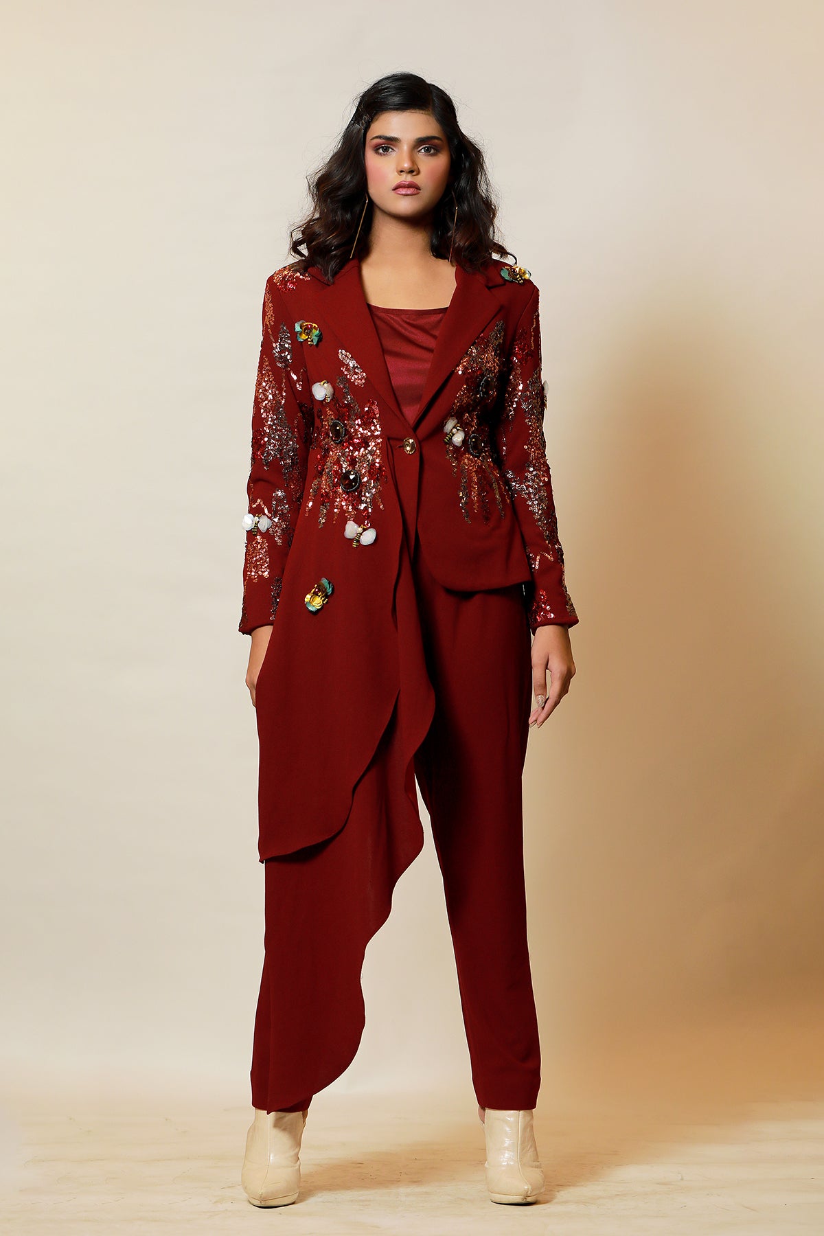 Wine Asymmetric sequin butterfly Co-ord set