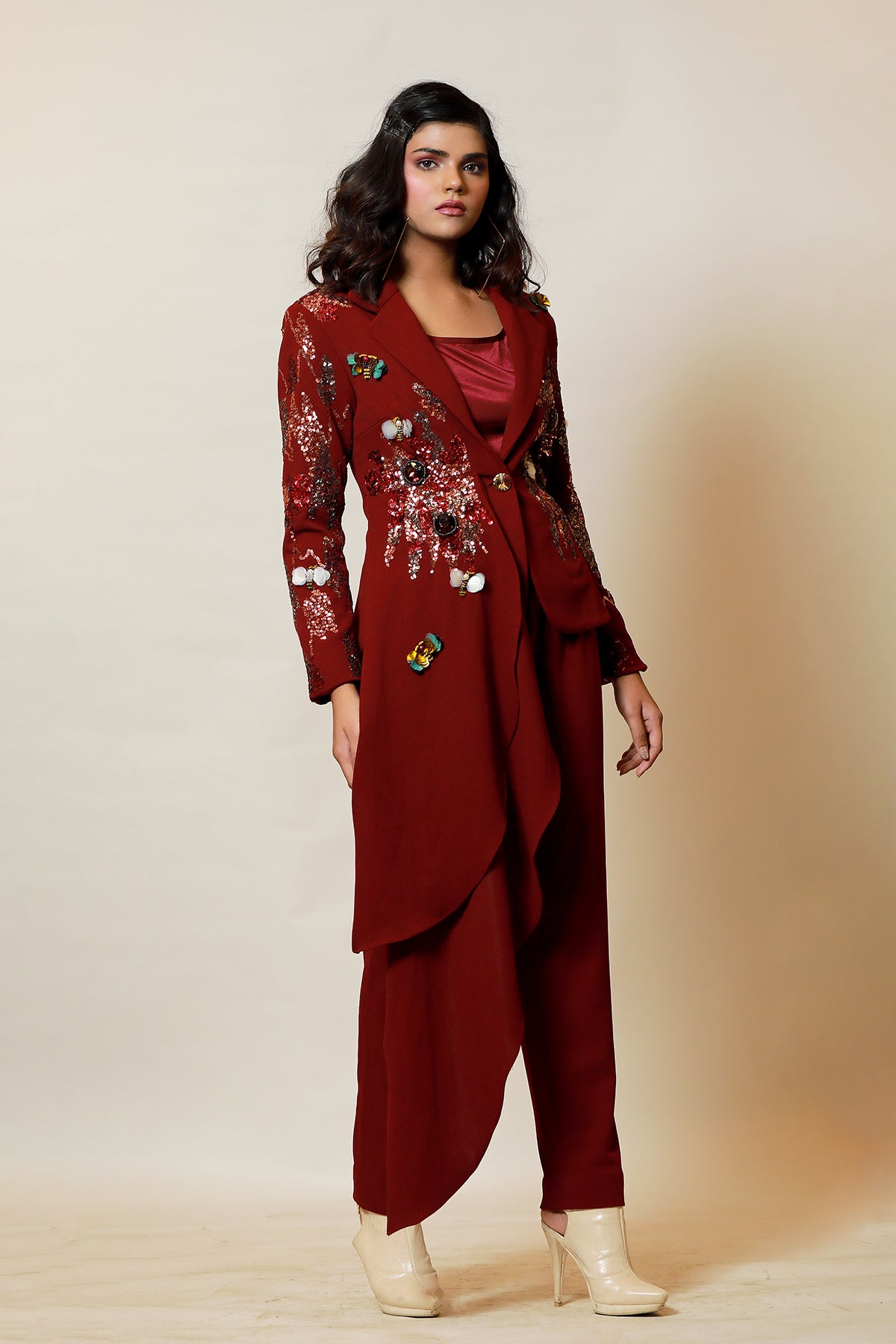 Wine Asymmetric sequin butterfly Co-ord set