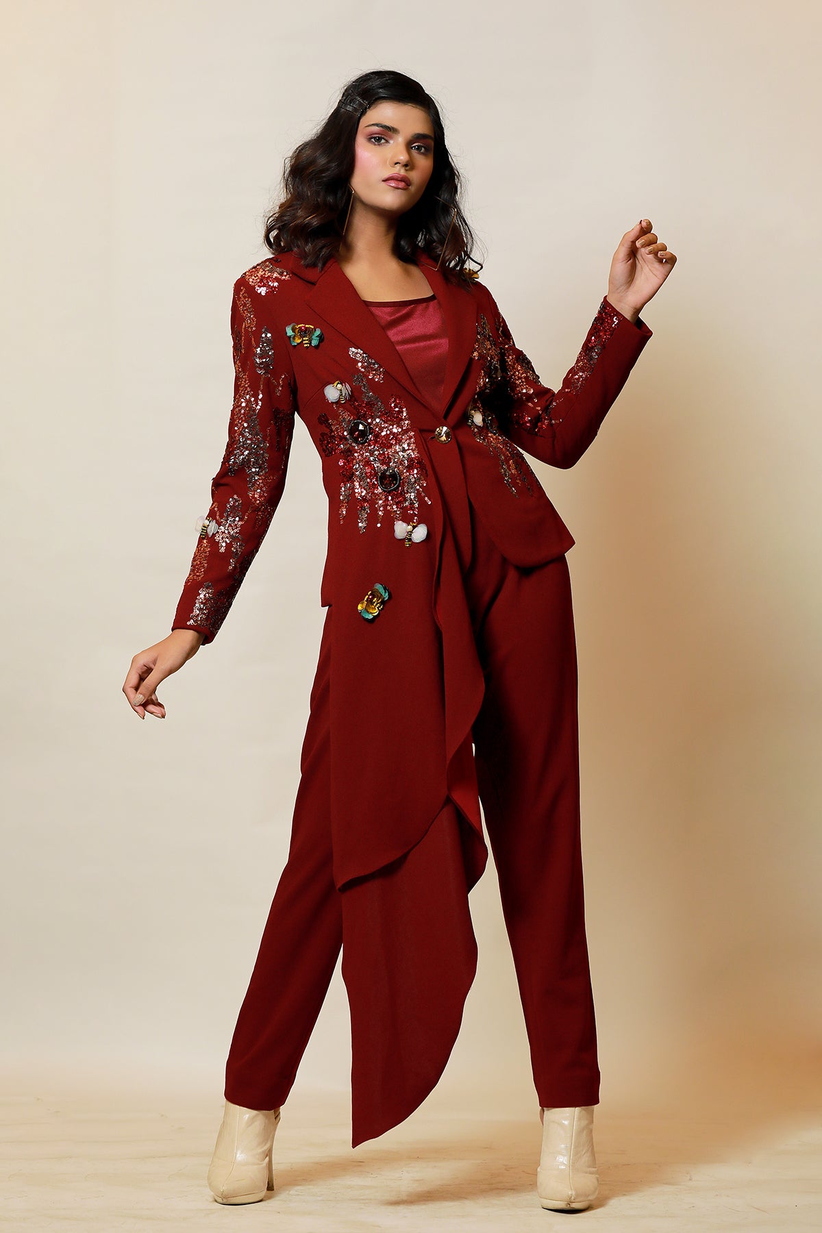Wine Asymmetric sequin butterfly Co-ord set