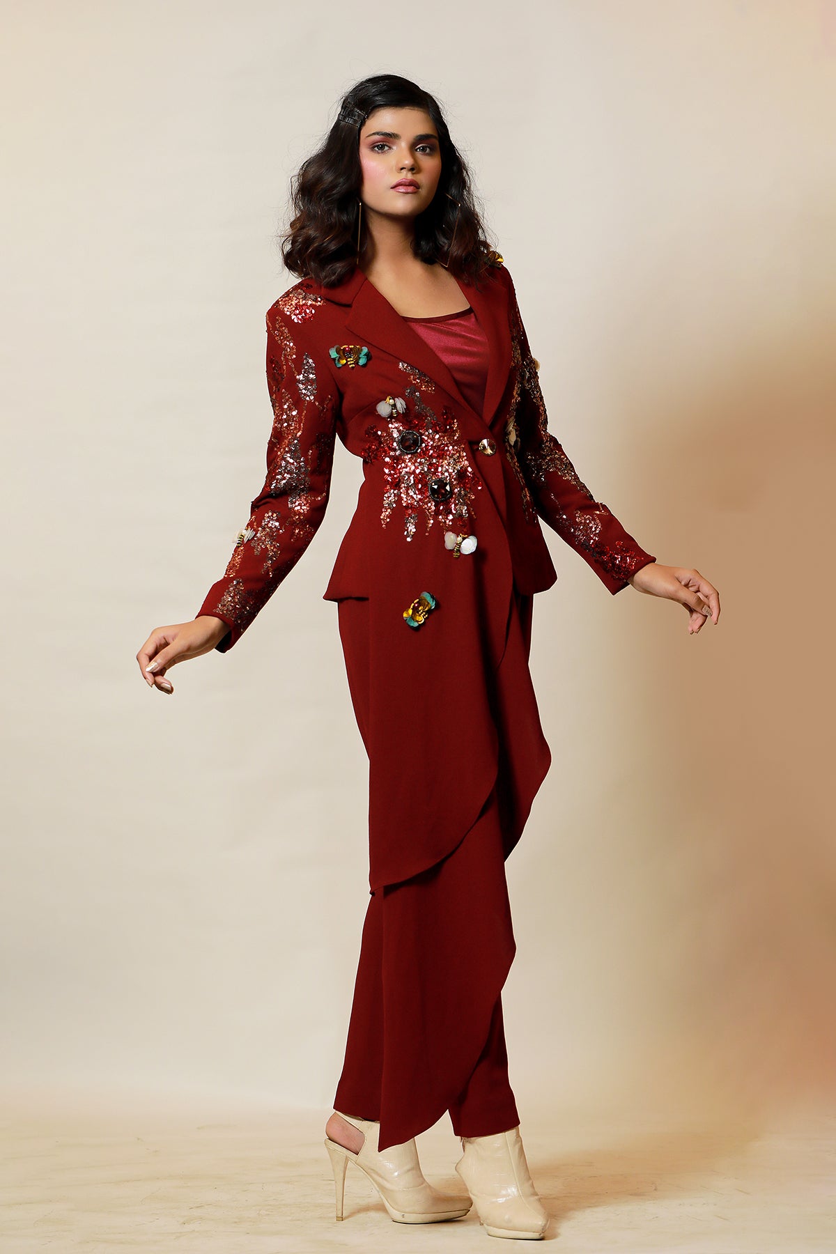 Wine Asymmetric sequin butterfly Co-ord set
