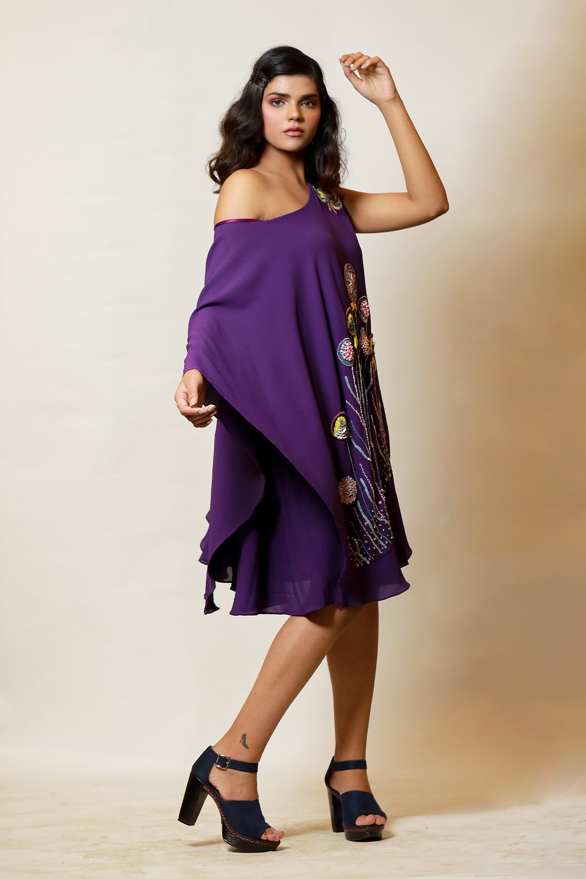 Off shoulder purple Ruffle midi kaftan