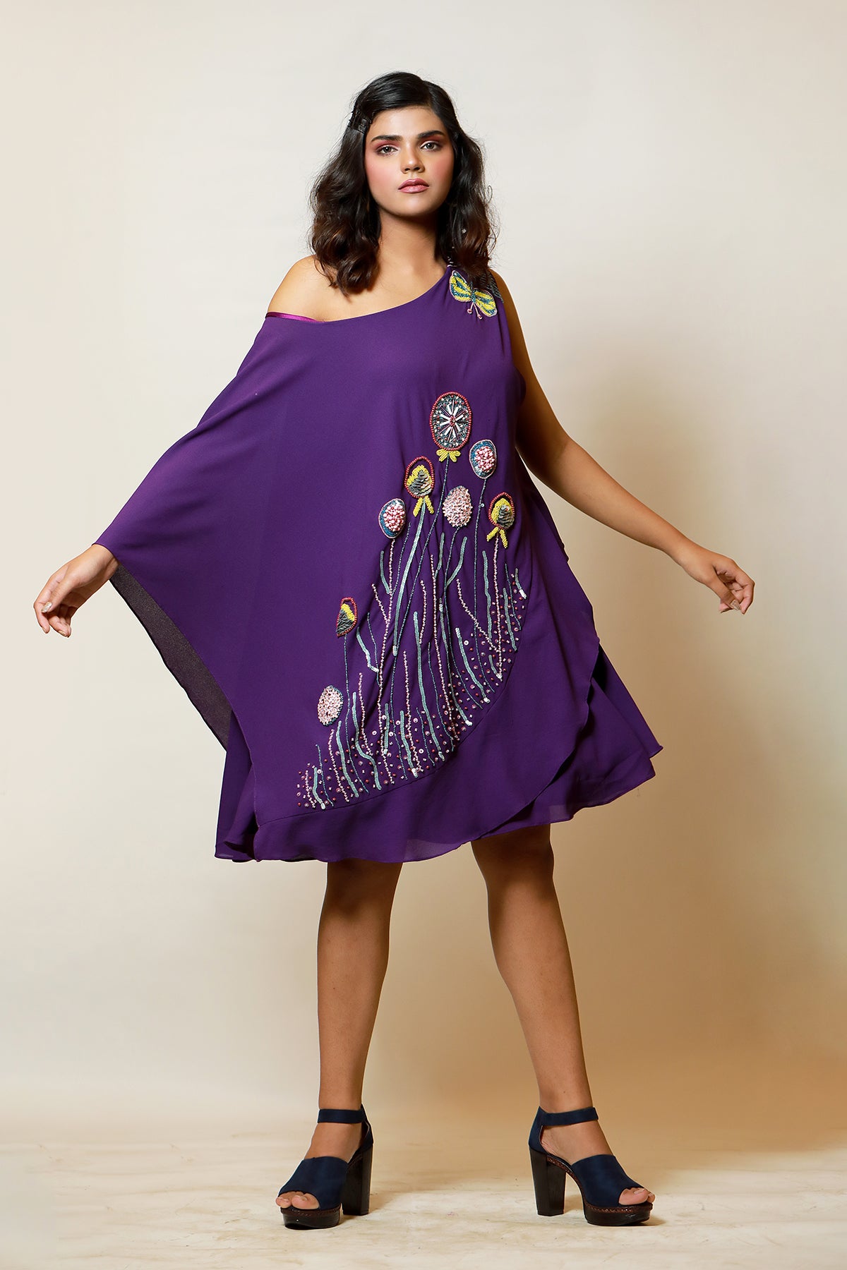 Off shoulder purple Ruffle midi kaftan