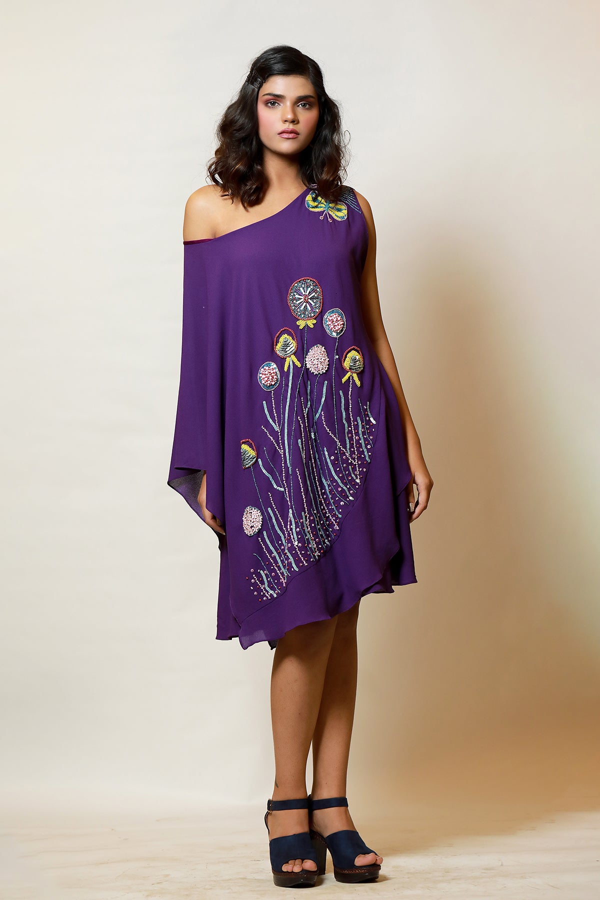 Off shoulder purple Ruffle midi kaftan