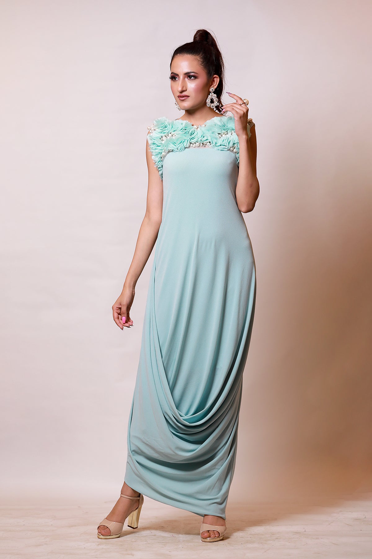 Powder Blue Organza ruched cowl Drape