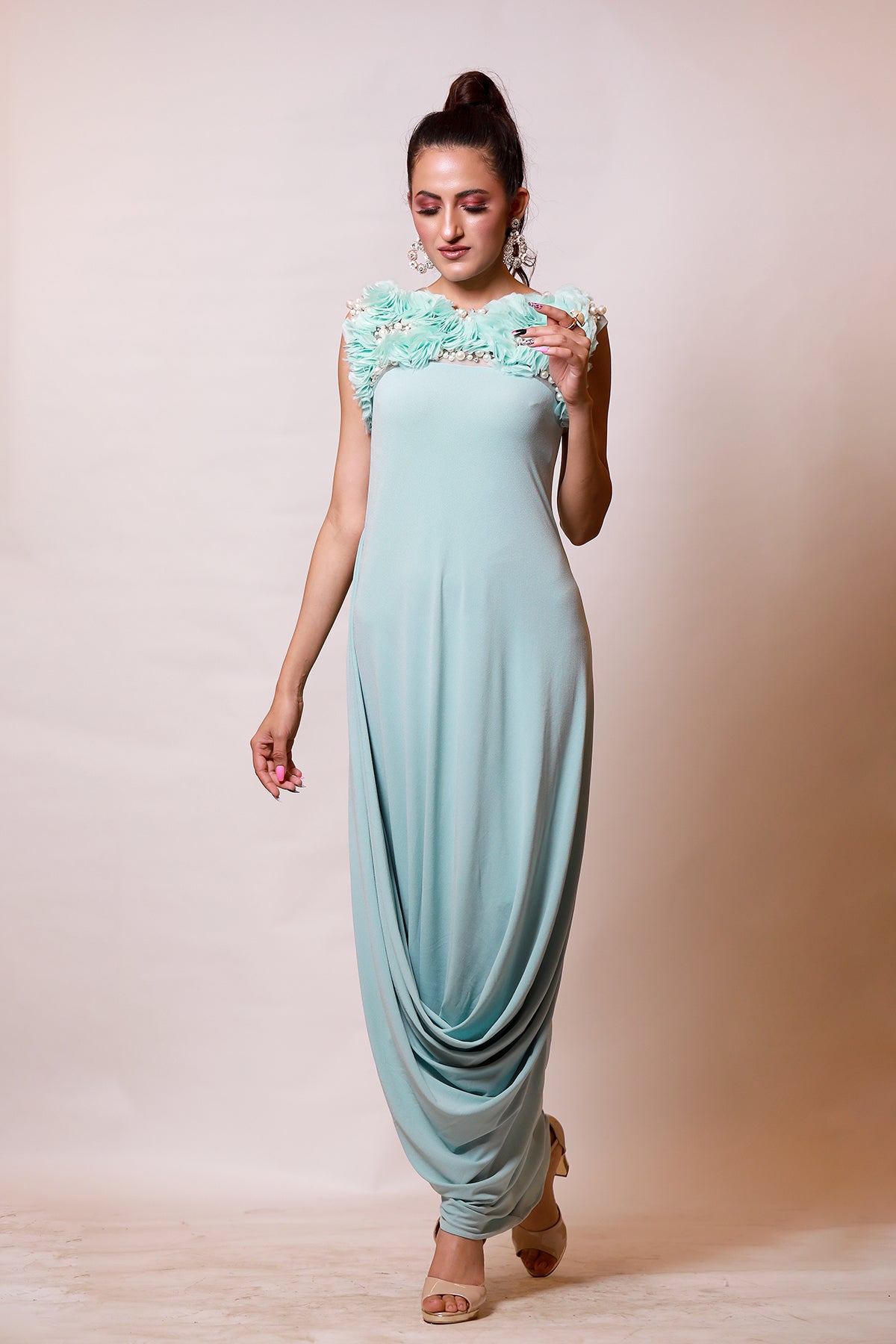 Powder Blue Organza ruched cowl Drape