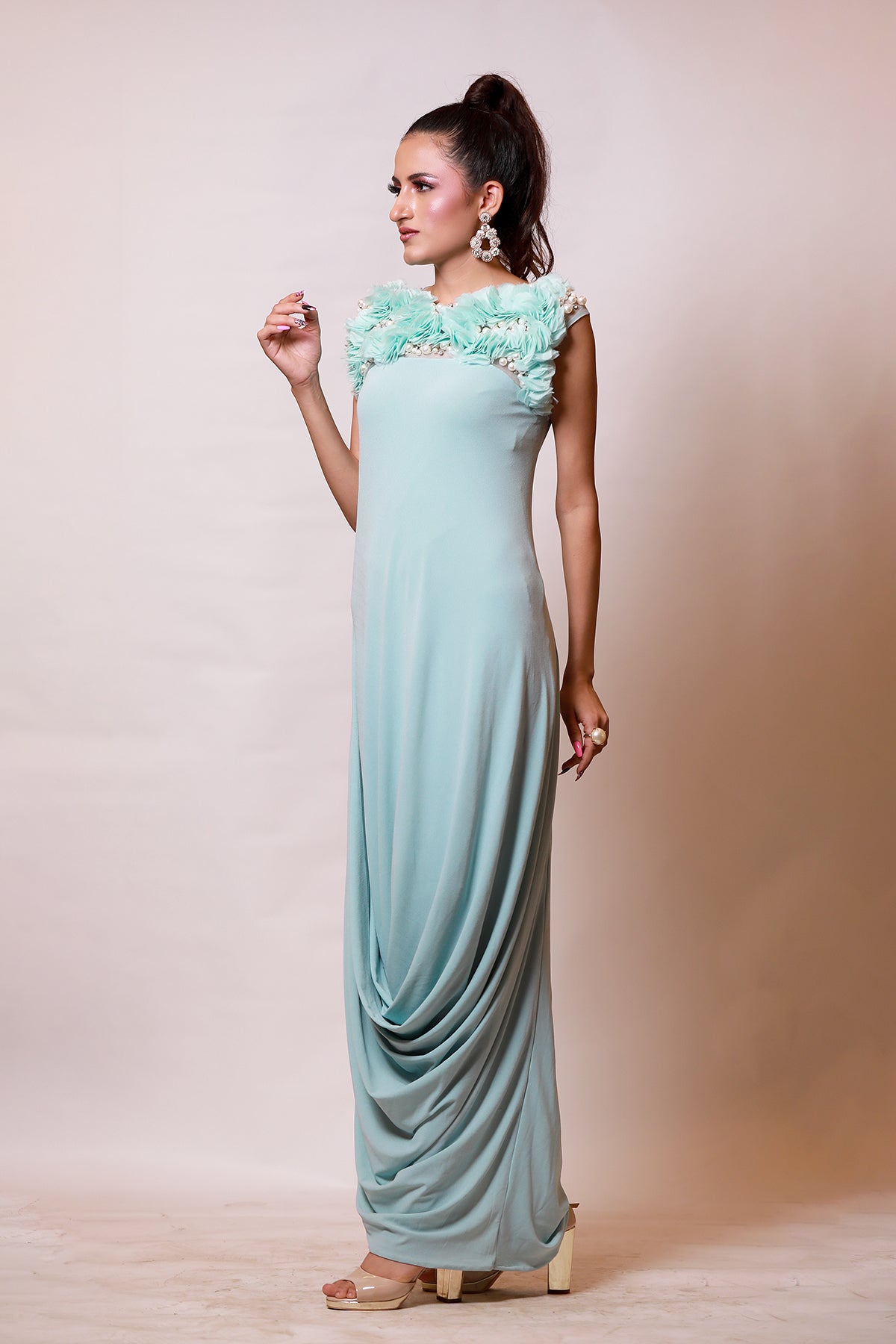 Powder Blue Organza ruched cowl Drape