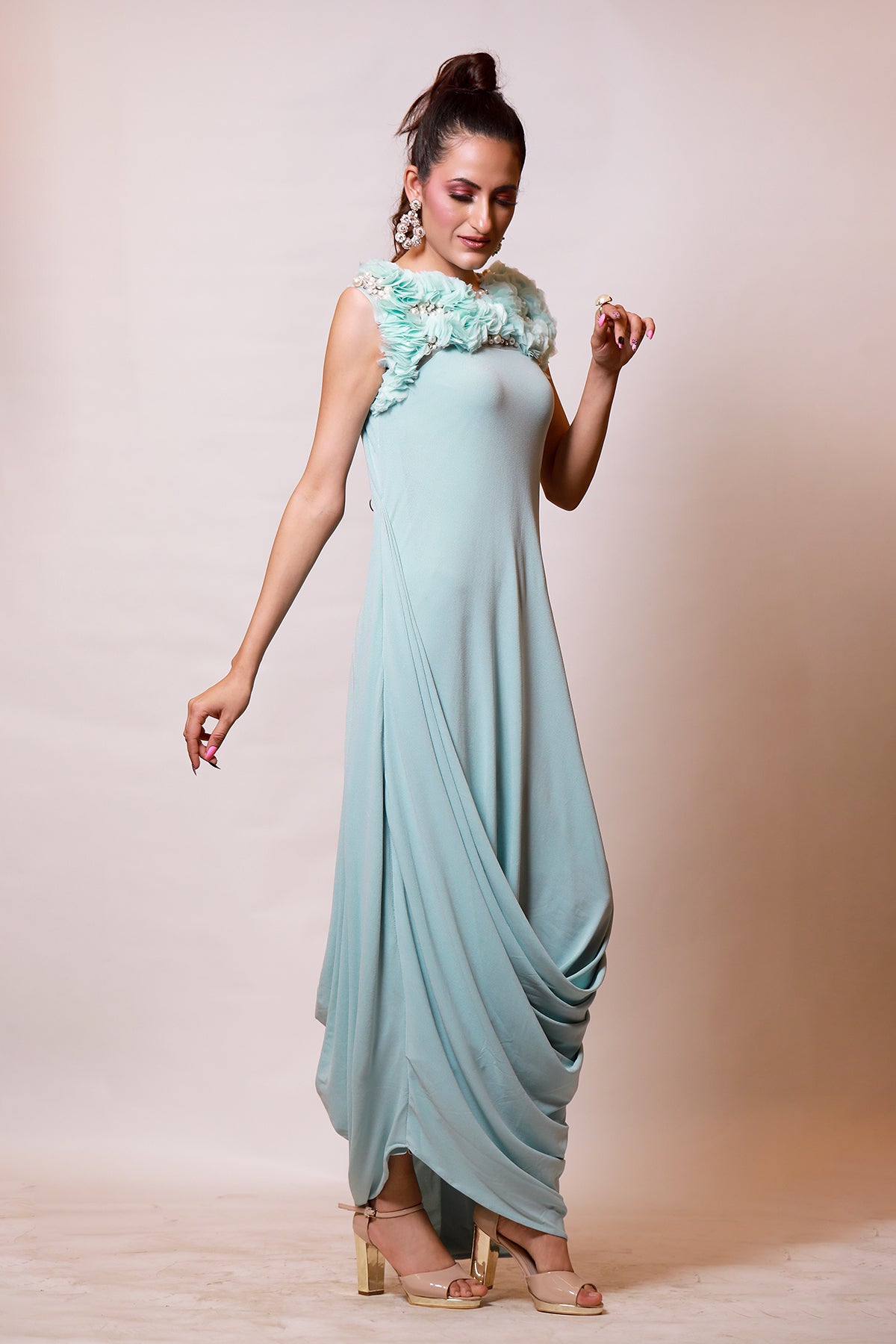 Powder Blue Organza ruched cowl Drape