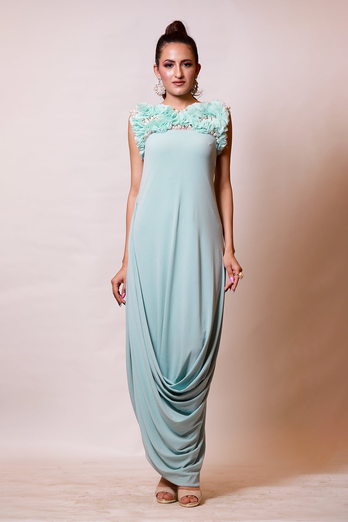 Powder Blue Organza ruched cowl Drape