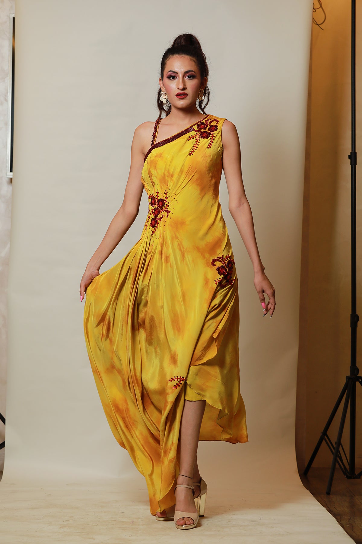 Greek-indo Mustard shibori Cowl Drape