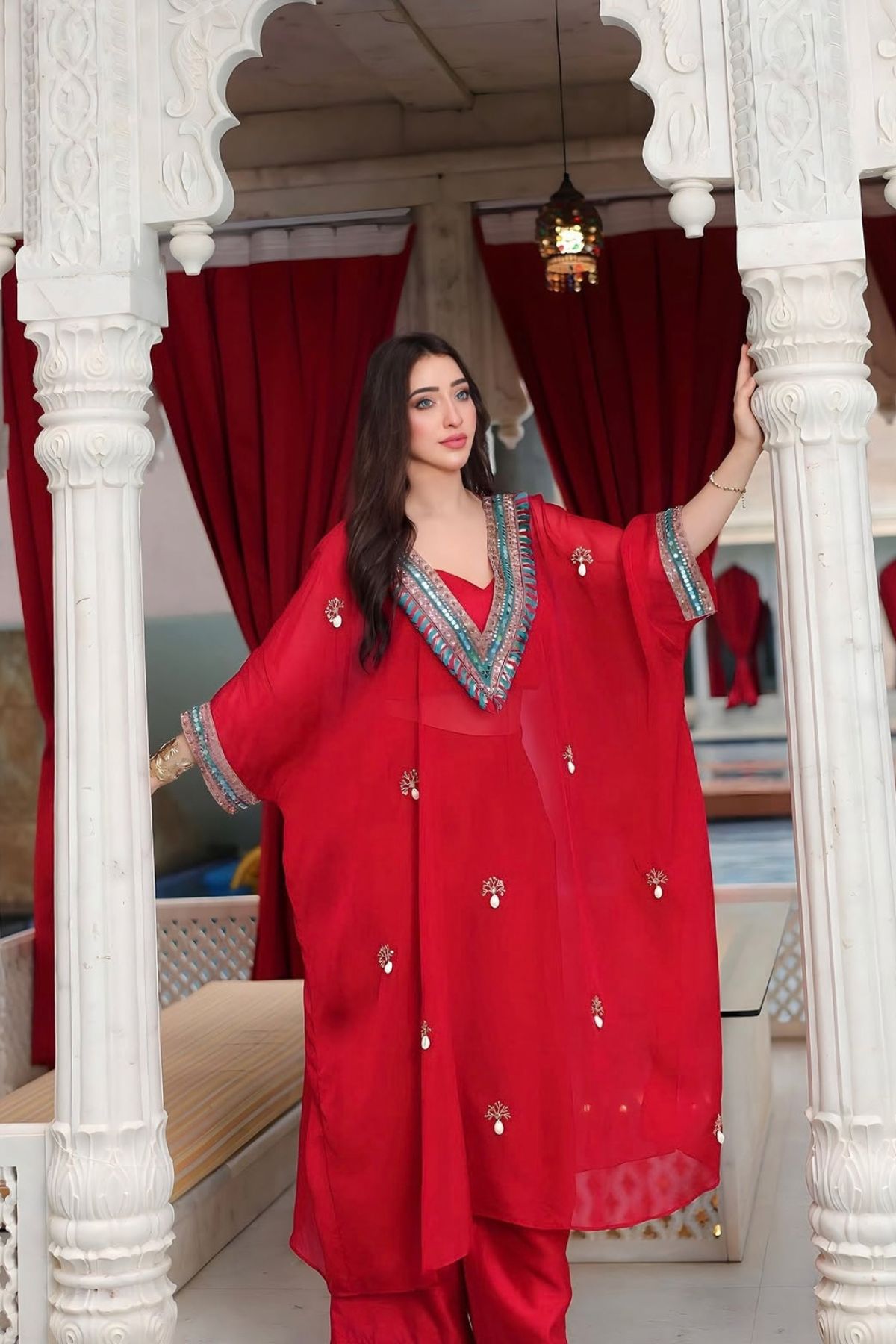 Afsha Khan In Red Festive Oversized Kaftan-Crop Top, Trouser Set