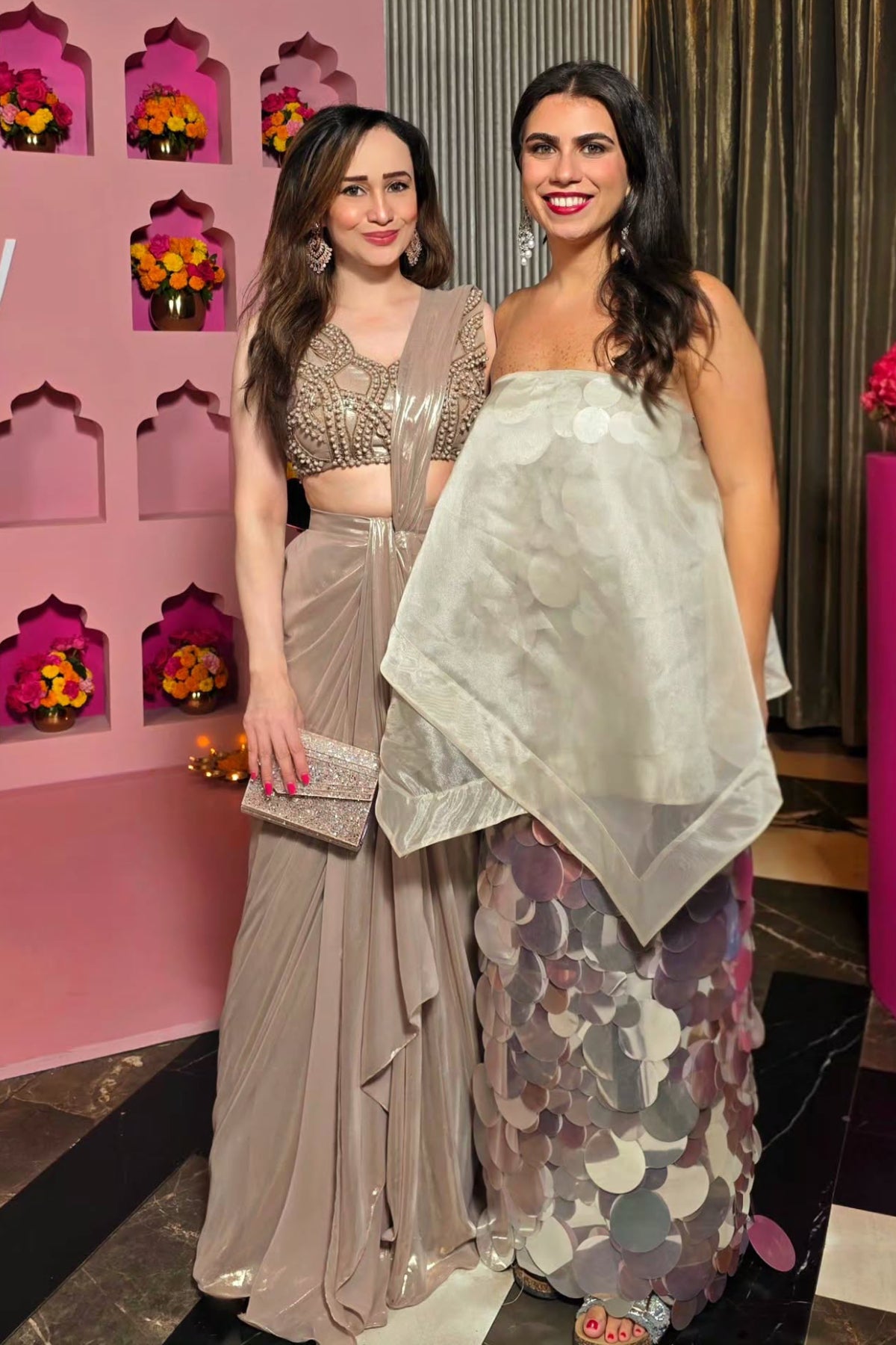 Golden chiffon foil pre-draped saree with an intricately hand-embellished blouse. Shop Now!